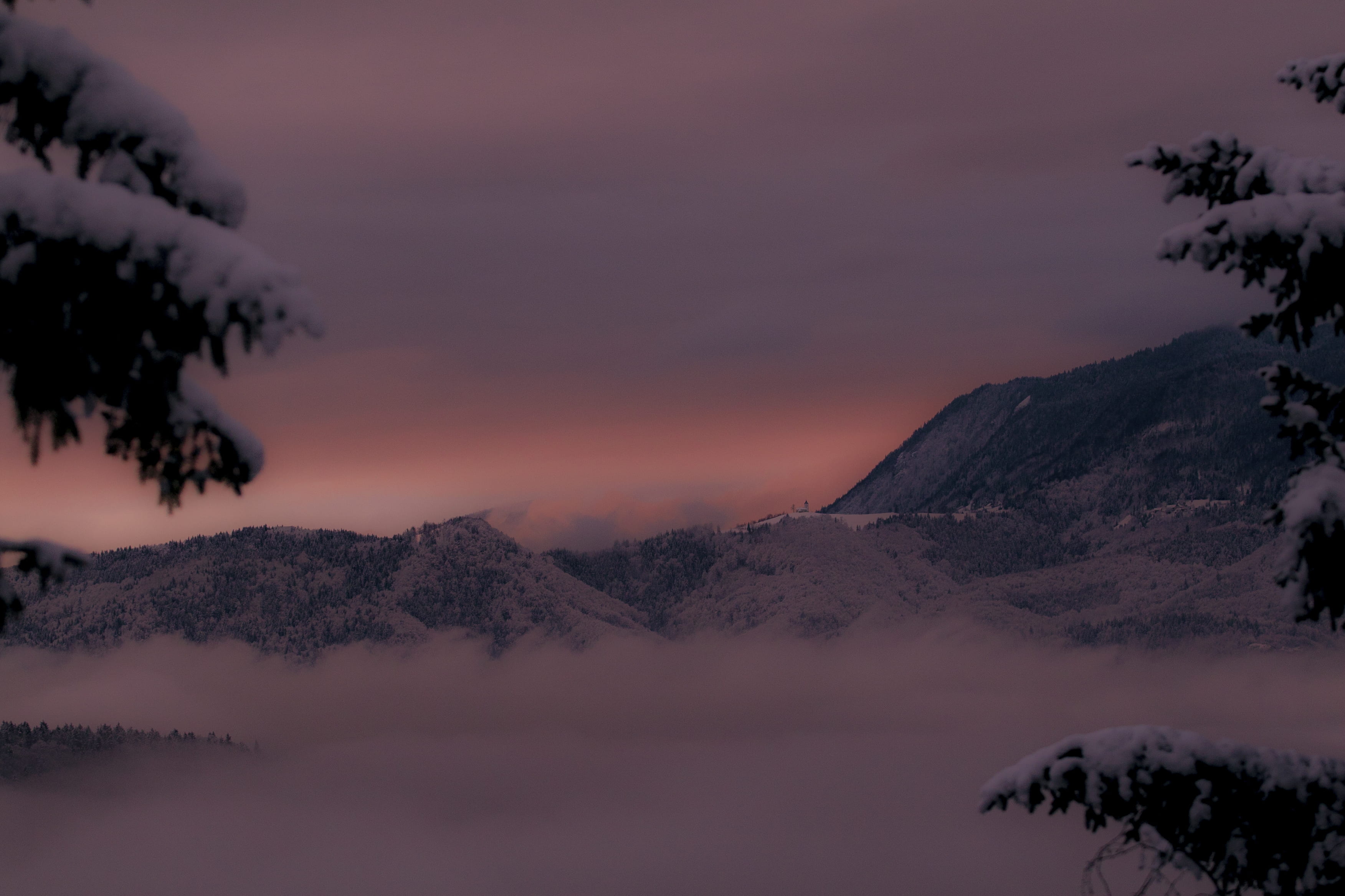 nature, sky, cloud - sky, snow, scenics - nature, covered, outdoors, 2K, mountain, silhouette, sunset, cloud, no people, tranquil scene, tree, tranquility, HD Wallpaper