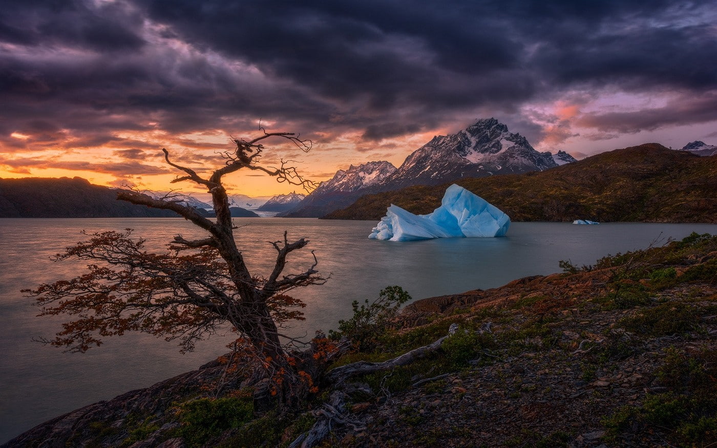 mountain, iceberg, ice, environment, outdoors, lake, nature, cold temperature, water, trees, solid, plant, cloud - sky, beauty in nature, clouds, tree, HD Wallpaper