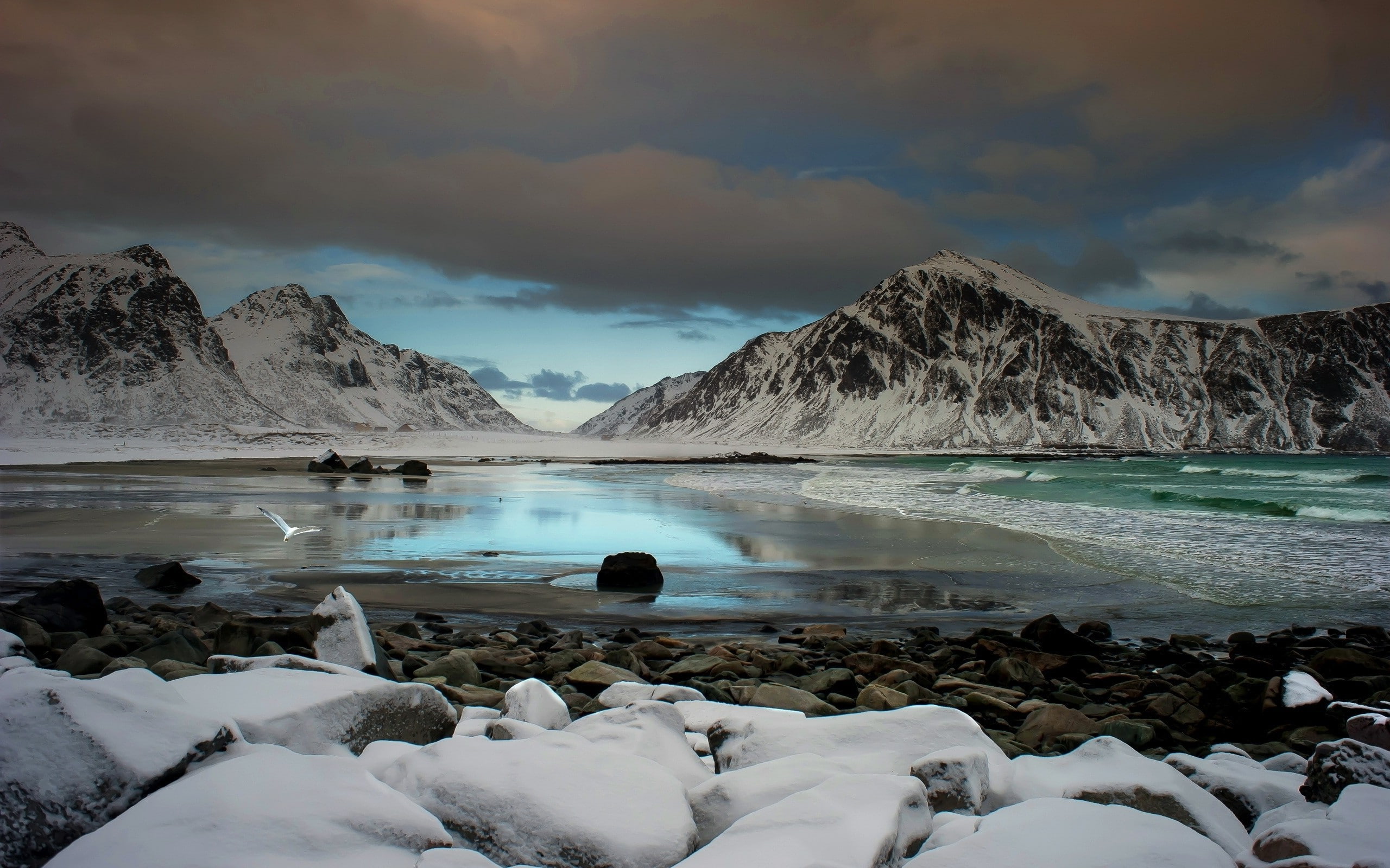 snow, winter, no people, scenics - nature, beauty in nature, frozen, sky, reflection, mountain, tranquil scene, mountains, sea, cold temperature, waves, HD Wallpaper