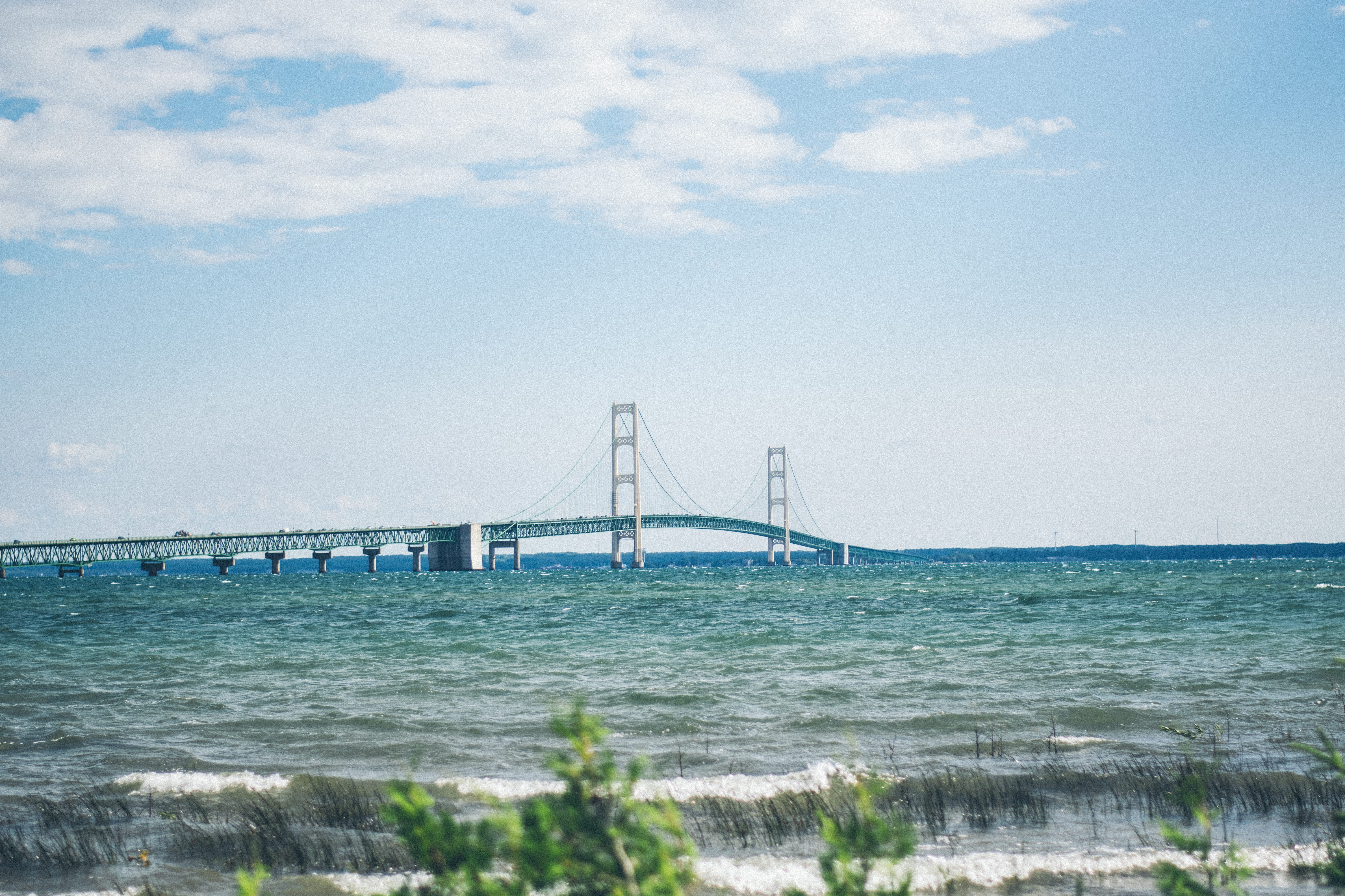 beautiful, peacefuly, bay of water, no people, sunny, day, cloud - sky, travel destinations, cloud, architecture, transportation, lake, ocean, nature, mackinaw, HD Wallpaper