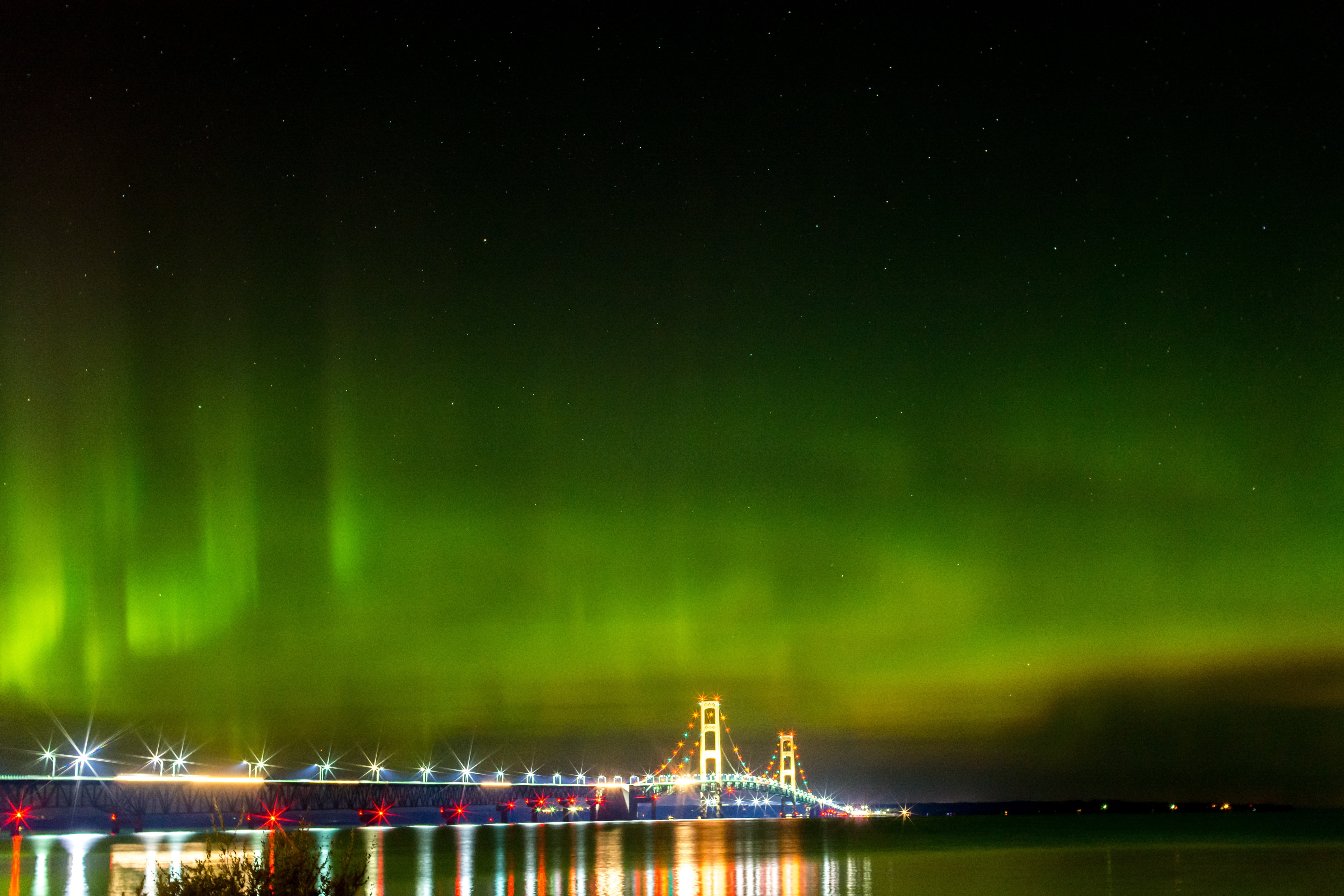 mackinac bridge, sea, michigan, no people, sky, illuminated, architecture, aurora borealis, built structure, power in nature, space, star - space, night, HD Wallpaper