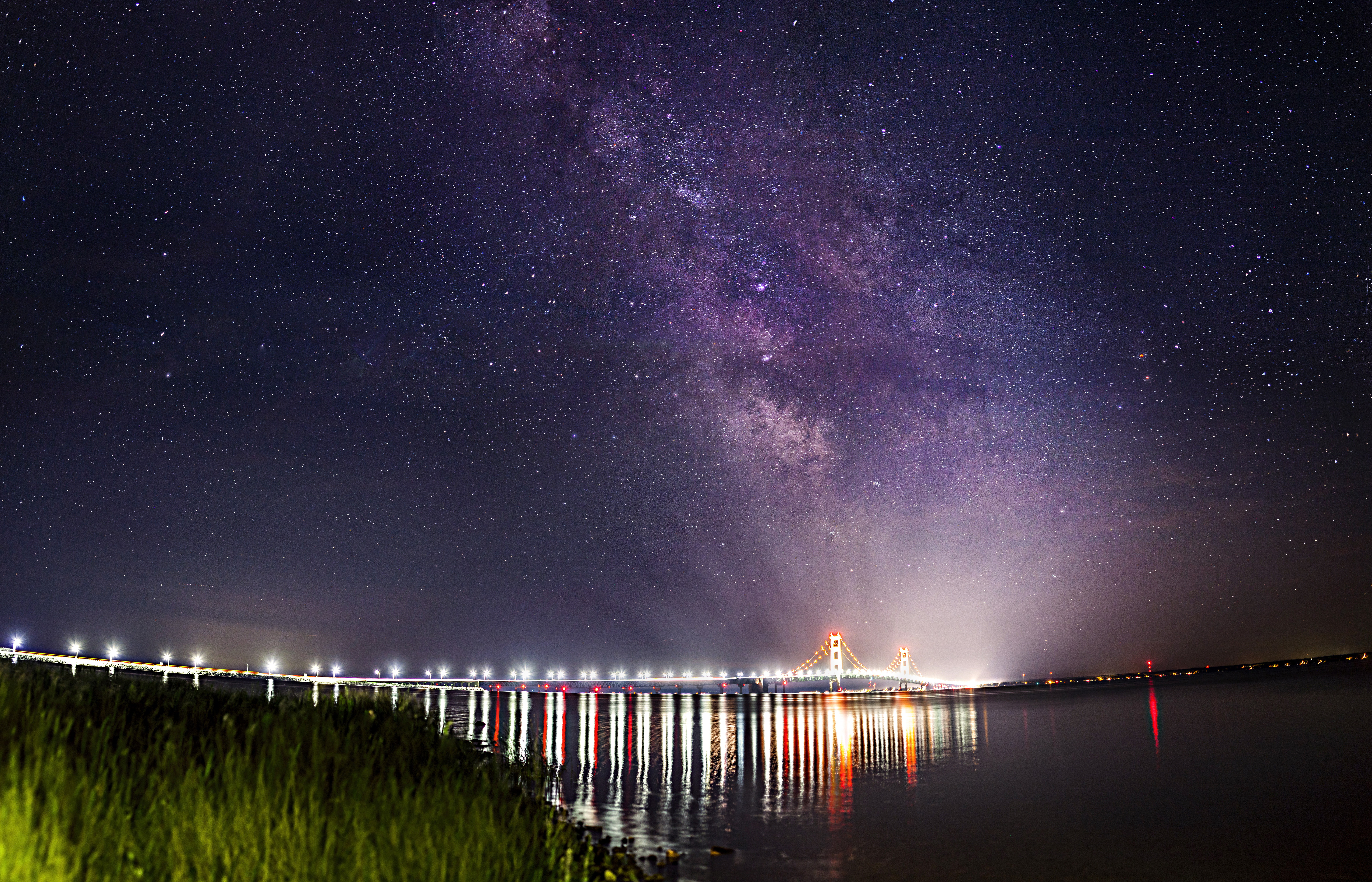 galaxy, outdoors, lake, star - space, space, gray, nature, beauty in nature, star, bridge, tranquil scene, stars, tranquility, milky way, no people, 8K, HD Wallpaper