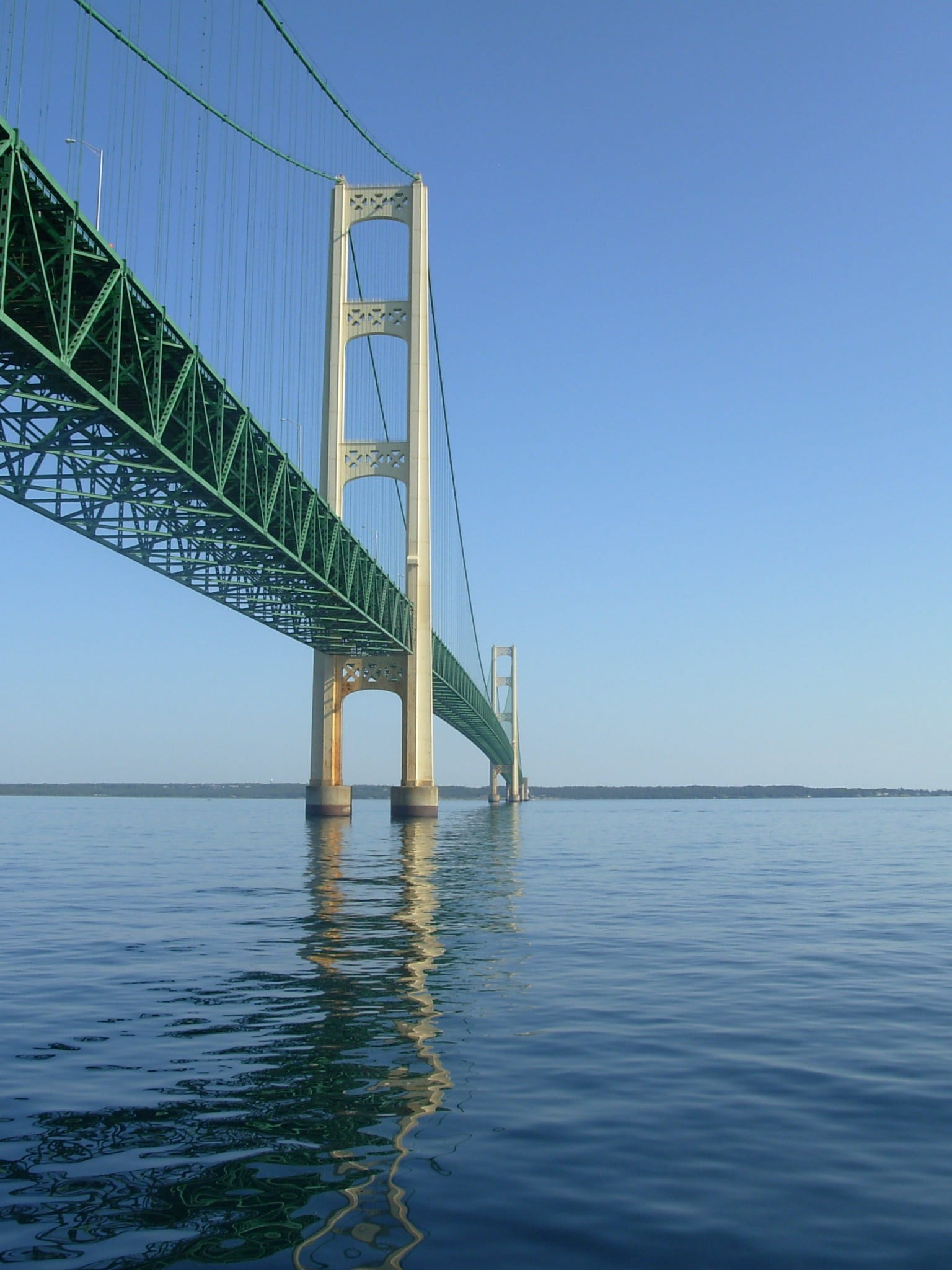 clear sky, Mackinac, huron, sea, Michigan, summer, no people, Mackinaw, Bridge, water, day, copy space, suspension bridge, built structure, bridge - man made structure, Phone HD Wallpaper
