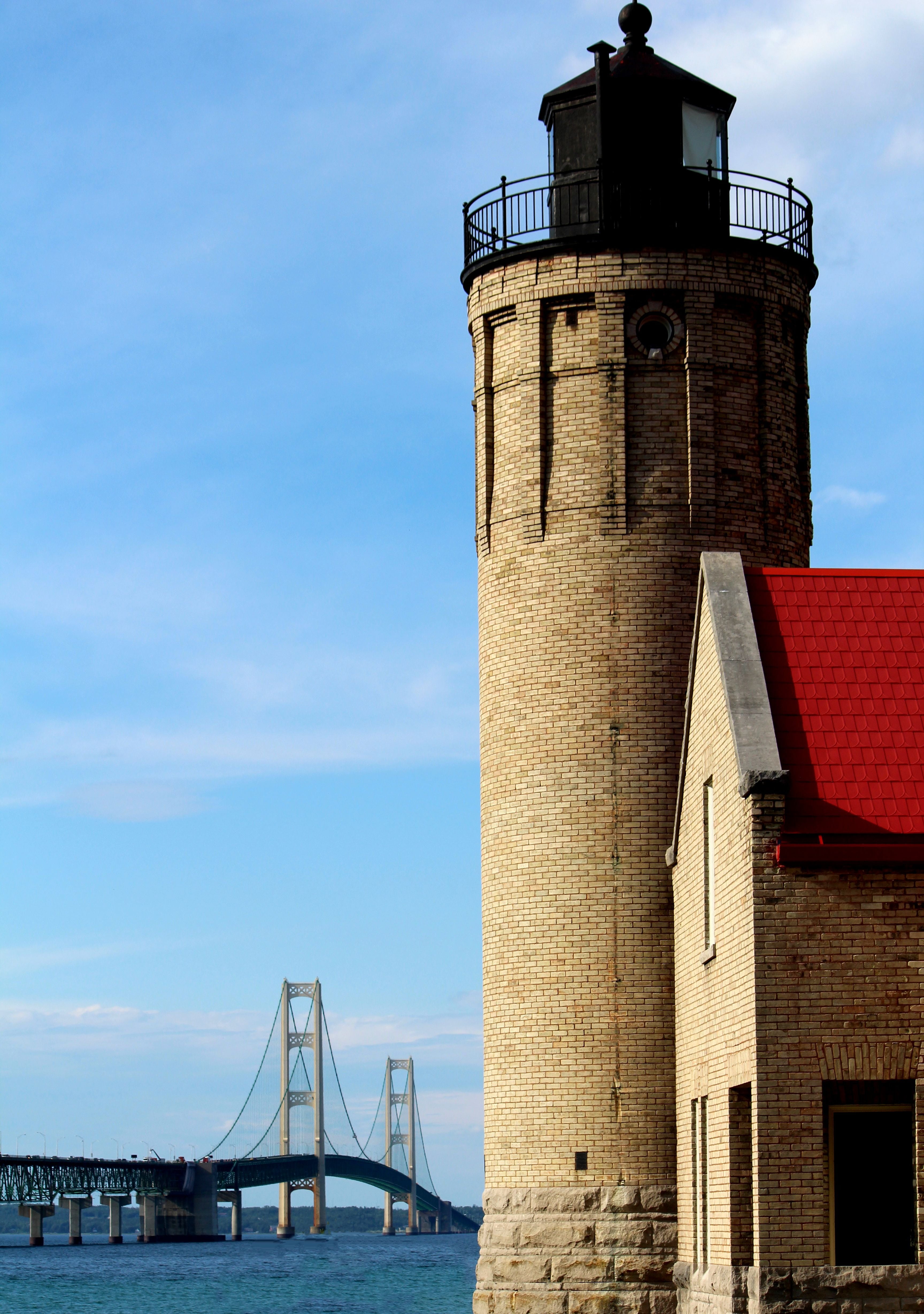 low angle view, sea, great lakes, sky, famous Place, tall - high, blue, tower, lighthouse, cloud - sky, outdoors, building exterior, nature, bay, mackinac bridge, Phone HD Wallpaper