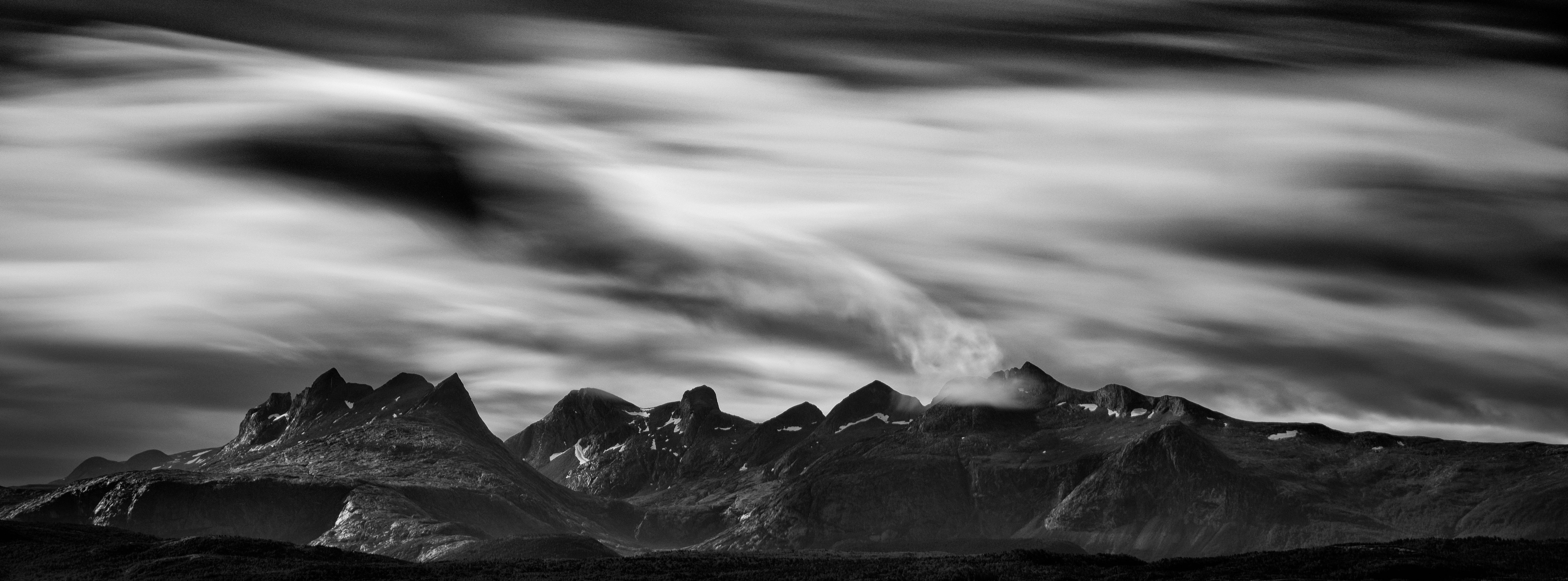 snow, Nordland, Black, 5K, cloud - sky, winter, outdoors, mountain range, Norway, Mountains, littlestopper, long exposure, mountain peak, nature, beauty in nature, HD Wallpaper