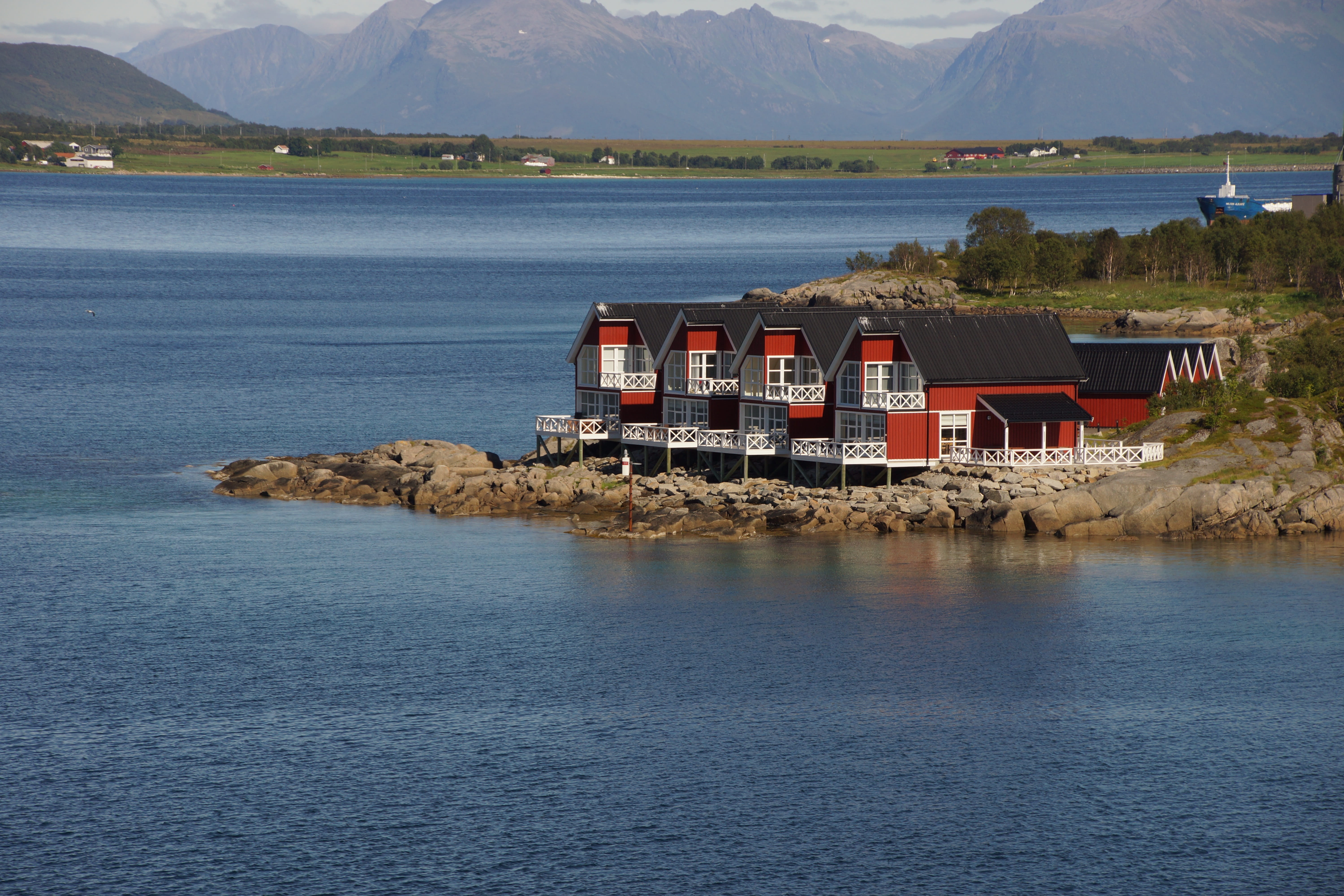 tranquility, sky, norway, architecture, scenics - nature, outdoors, built structure, country house on the lofoten, tranquil scene, day, mountain, Nordland, HD Wallpaper