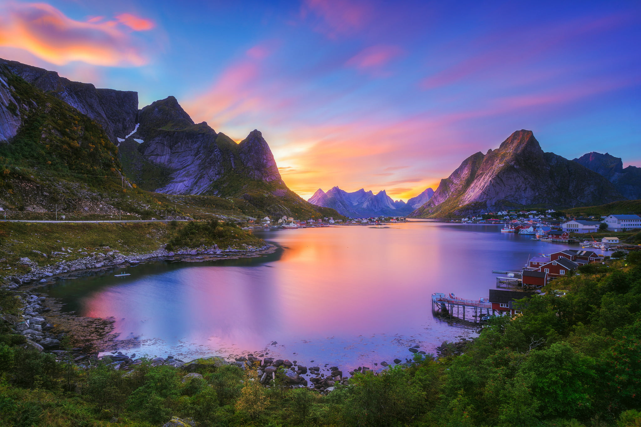 sunset, cloud - sky, nature, Gravdalsbukta, The Lofoten Islands, Pure, Nordland, trees, no people, reflection, Norway, mountains, Lofoten archipelago, lake, HD Wallpaper