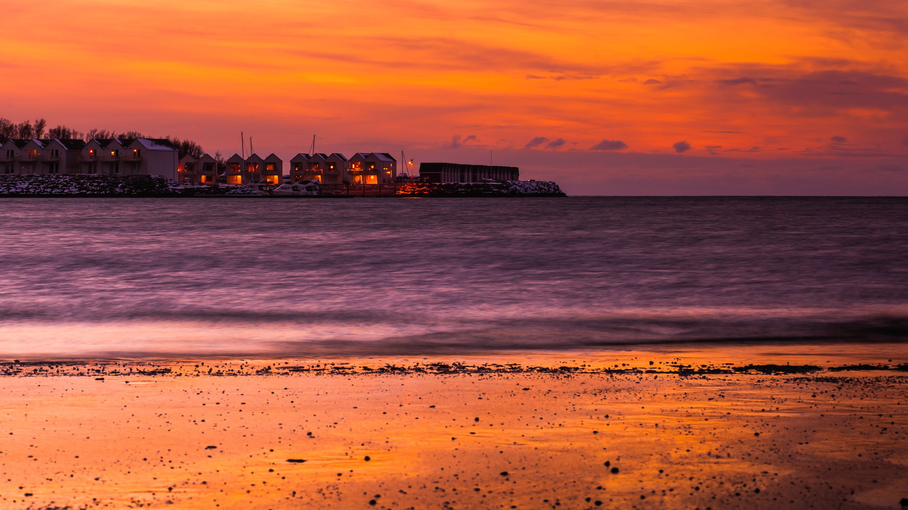 the warehouse, sea, heaven, beauty in nature, building exterior, sunset, orange color, water, cold, beach, travel destinations, architecture, blue light, HD Wallpaper
