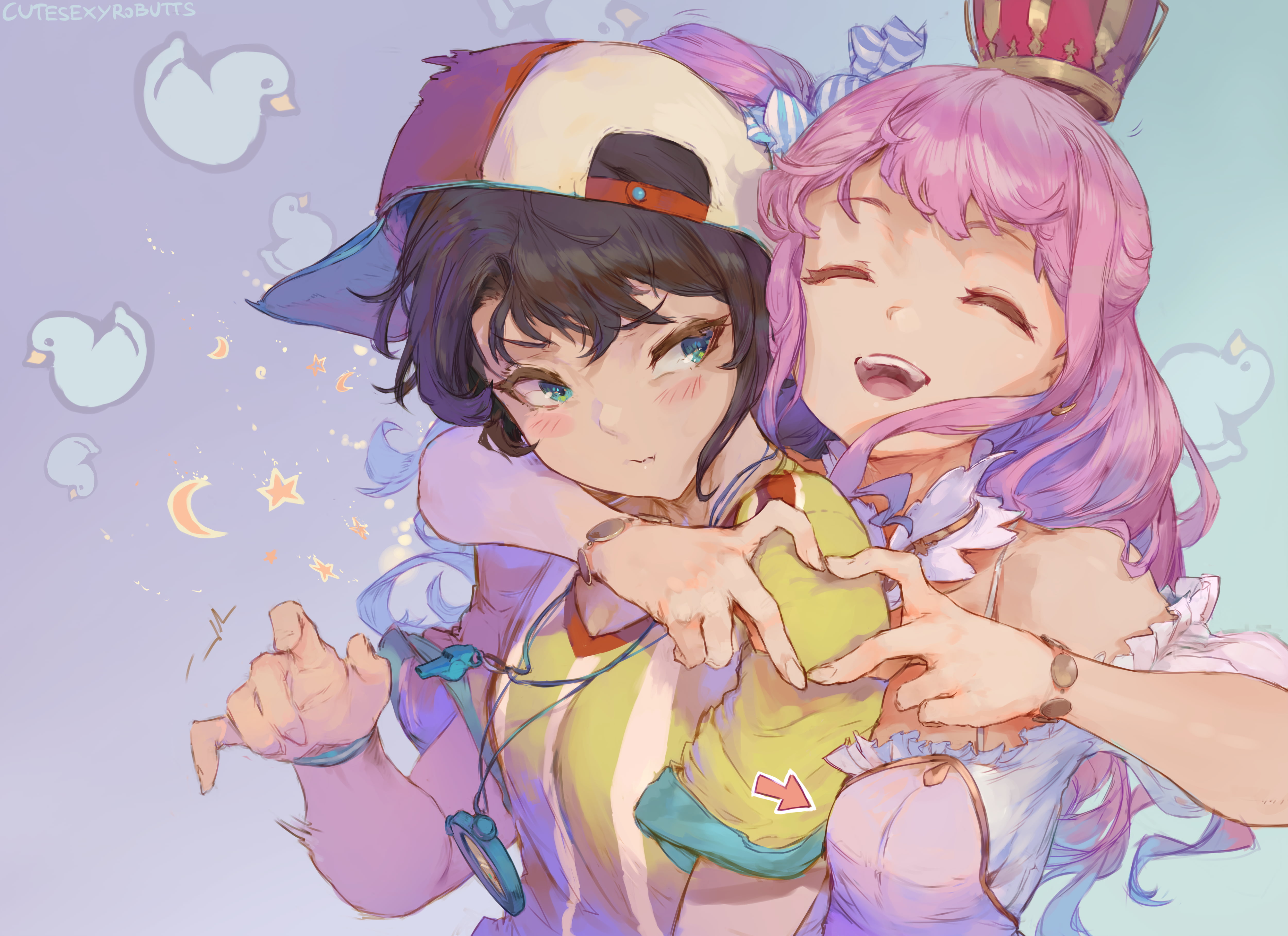 cutesexyrobutts, Hololive, fictional character, blushing, 2D, Oozora Subaru, illustration, artwork, Himemori Luna, hugging, anime, drawing, fan art, crossover, HD Wallpaper
