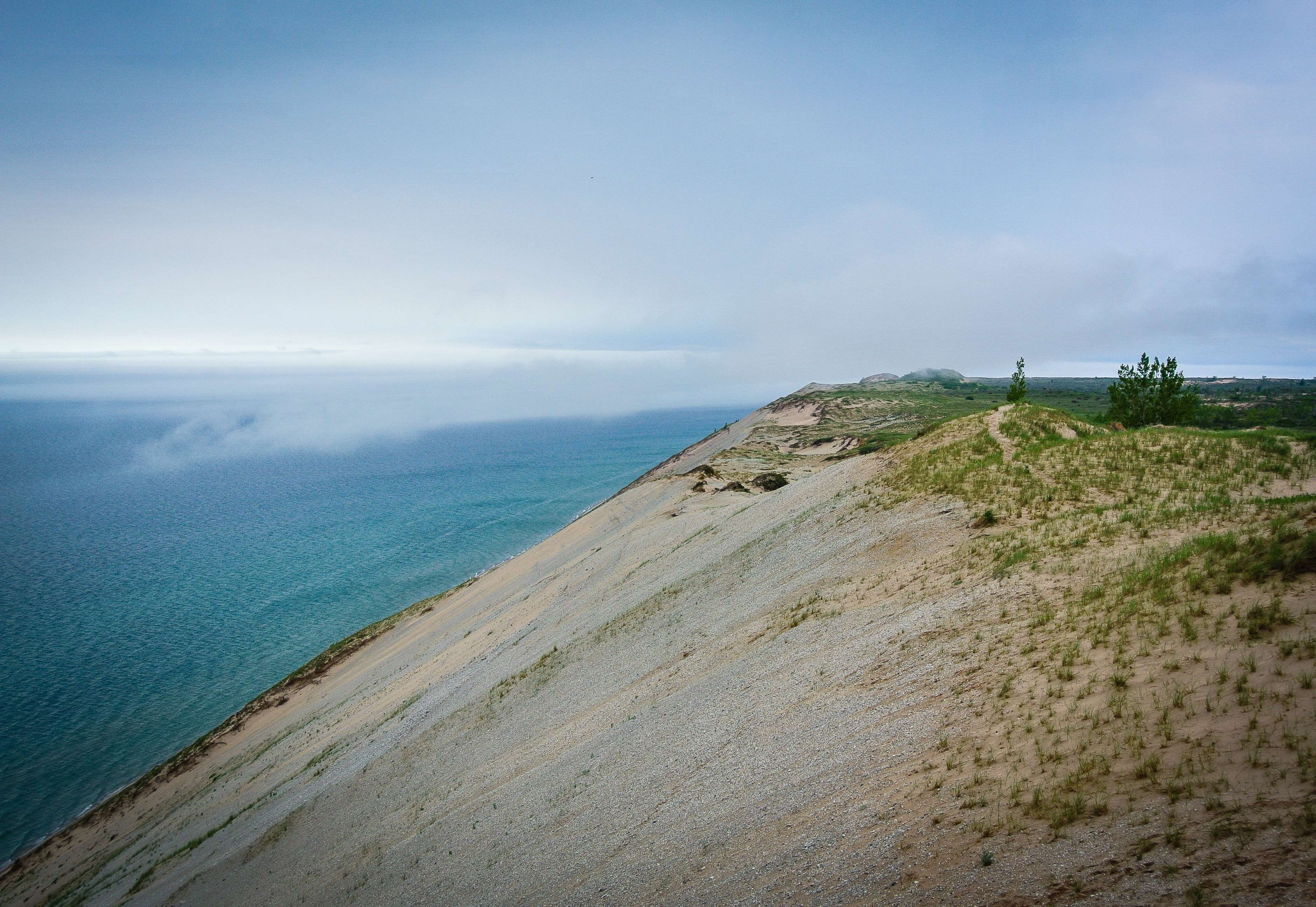 tranquil scene, beauty in nature, dunes, horizon, no people, outdoors, plant, cloud - sky, sky, tranquility, lake, sleeping bear dunes, day, clouds, land, HD Wallpaper