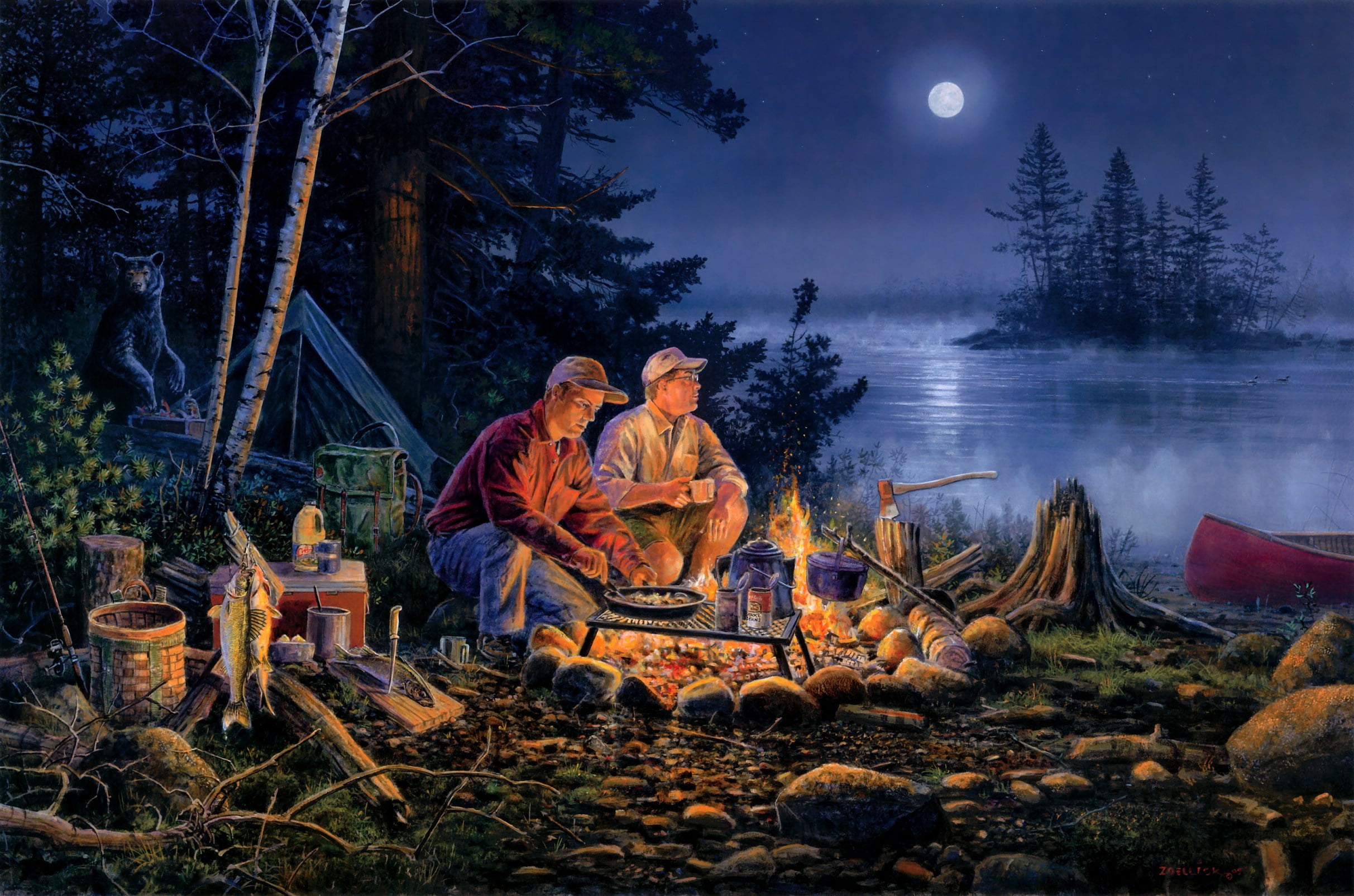 moon, mid adult, 1080P, night, lake, togetherness, fishing, the moon, vacations, shirt, outdoors, camping, sky, firewood, men, sitting, illustration, nature, HD Wallpaper