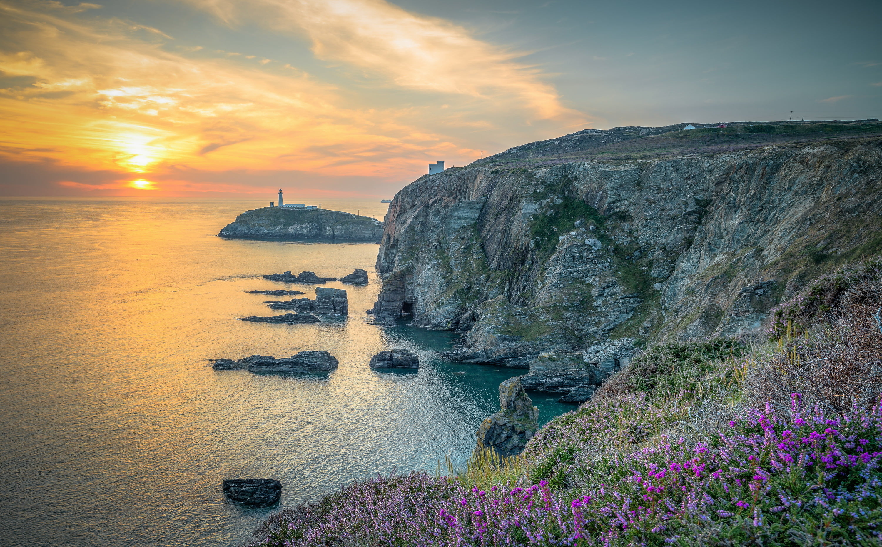 rock. sunset, tranquility, transportation, orange color, no people, North Wales, outdoors, tranquil scene, sunset, lighthouse, rock, beauty in nature, purple, HD Wallpaper