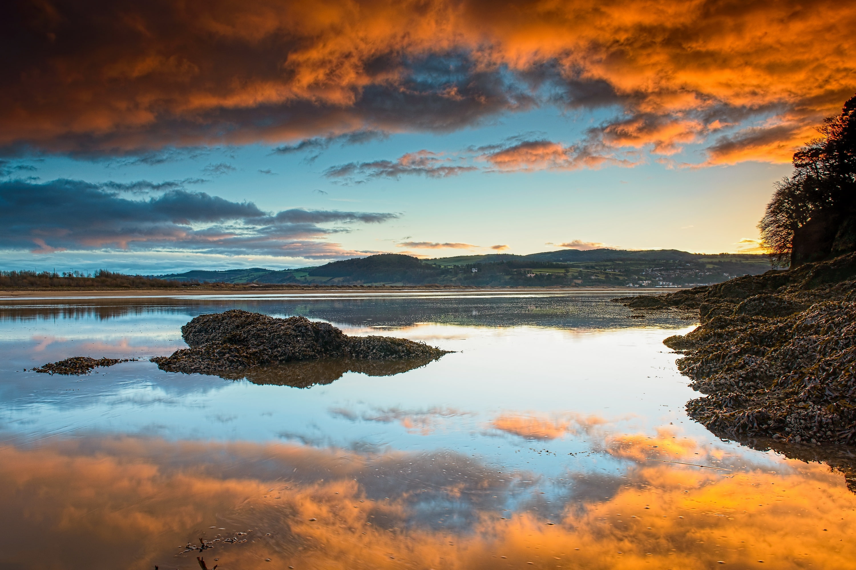the mouth of the river Conwy, sunset, clouds, 2K, reflection, North Wales, England, HD Wallpaper