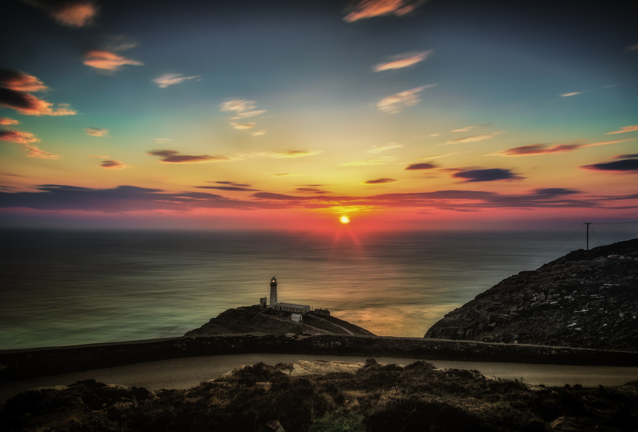 lighthouse, the sun, the ocean, North Wales, landscape, 1080P, road, HD Wallpaper