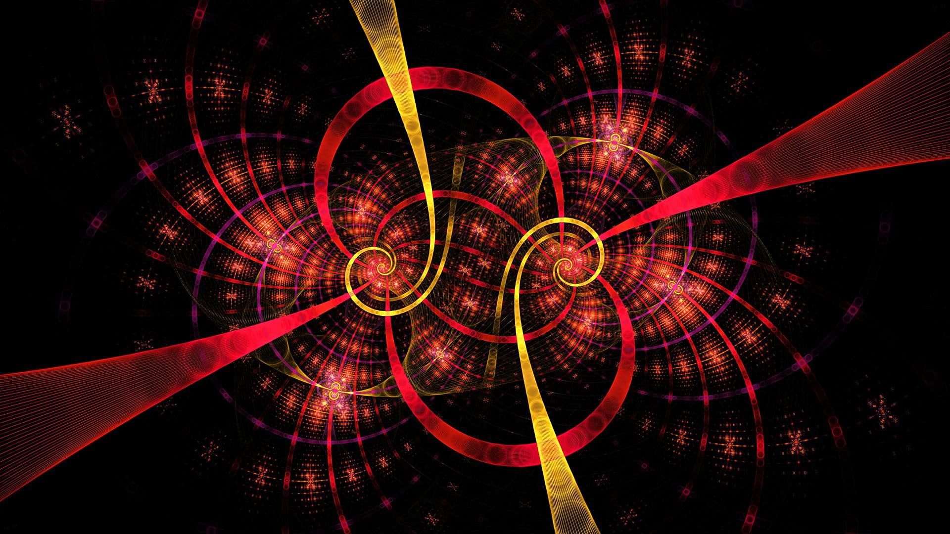 spiral, red, color, abstract 3d, pattern, 3d, ornaments, 1080P, abstract, symmetry, light, yellow, HD Wallpaper