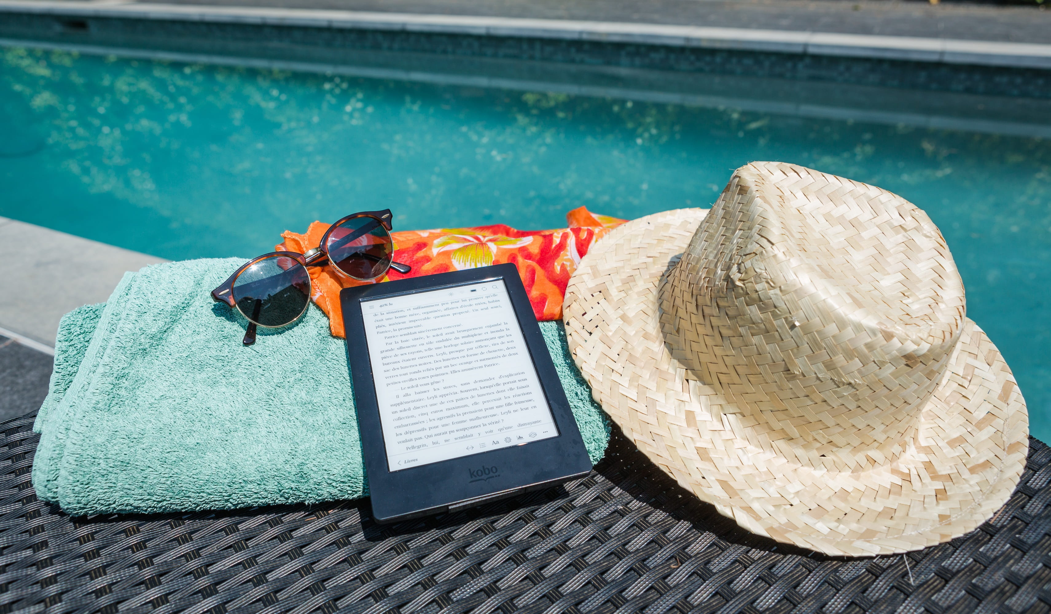 no people, relaxation, reading light, animal wildlife, turquoise, orange color, swimming pool, reading, book, built structure, focus on foreground, insect, HD Wallpaper