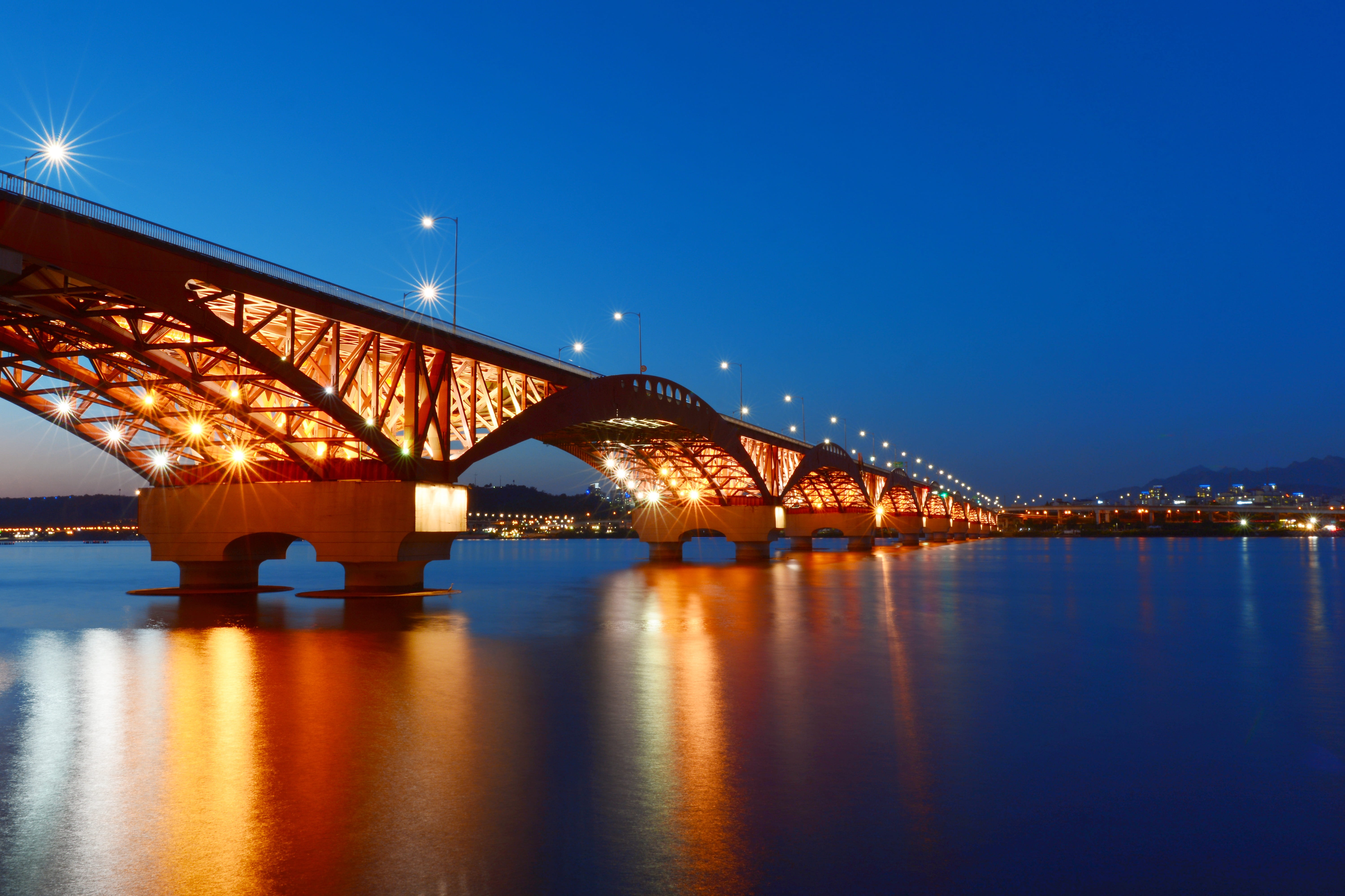 chapter impressions, calm, nature, street lights, outdoors, a night view of seoul, no people, orange, the river, korea, sky, connection, horizon, truss, HD Wallpaper