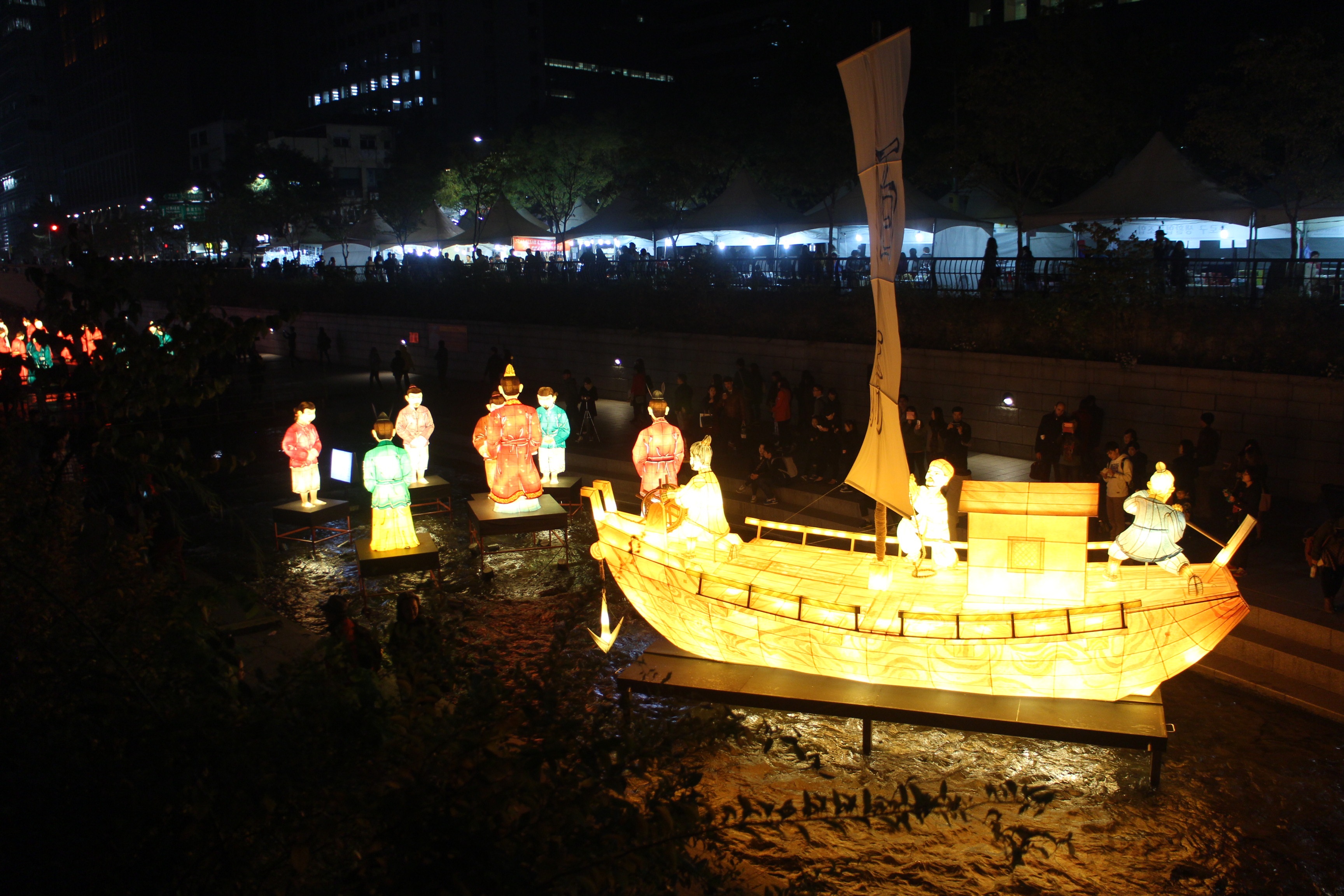 outdoors, nature, real people, lantern festival, illuminated, transportation, seoul, mode of transportation, crowd, sitting, 2K, cheonggyecheon stream, HD Wallpaper