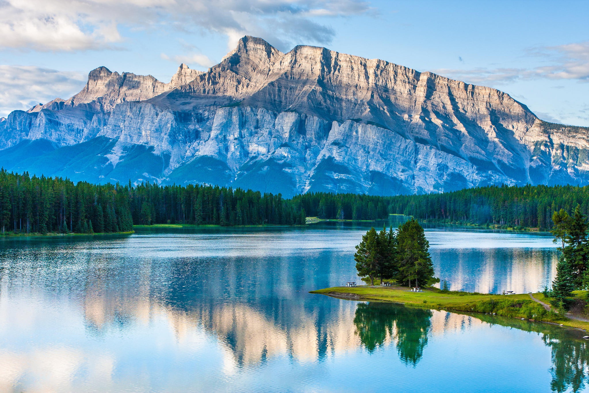 sky, waterfront, nature, coniferous tree, no people, forest, tranquil scene, tranquility, lake, day, remote, 1080P, Banff National Park, scenics - nature, HD Wallpaper