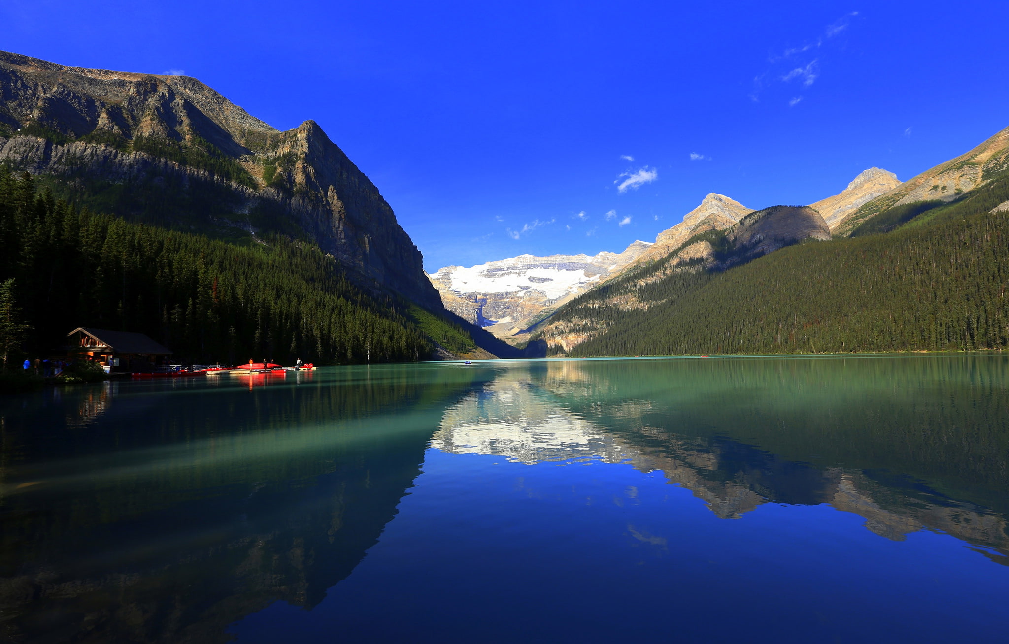 Lake Louise, forest, 1080P, mountains, Canada, house, lake, Albert, boats, Banff National Park, HD Wallpaper