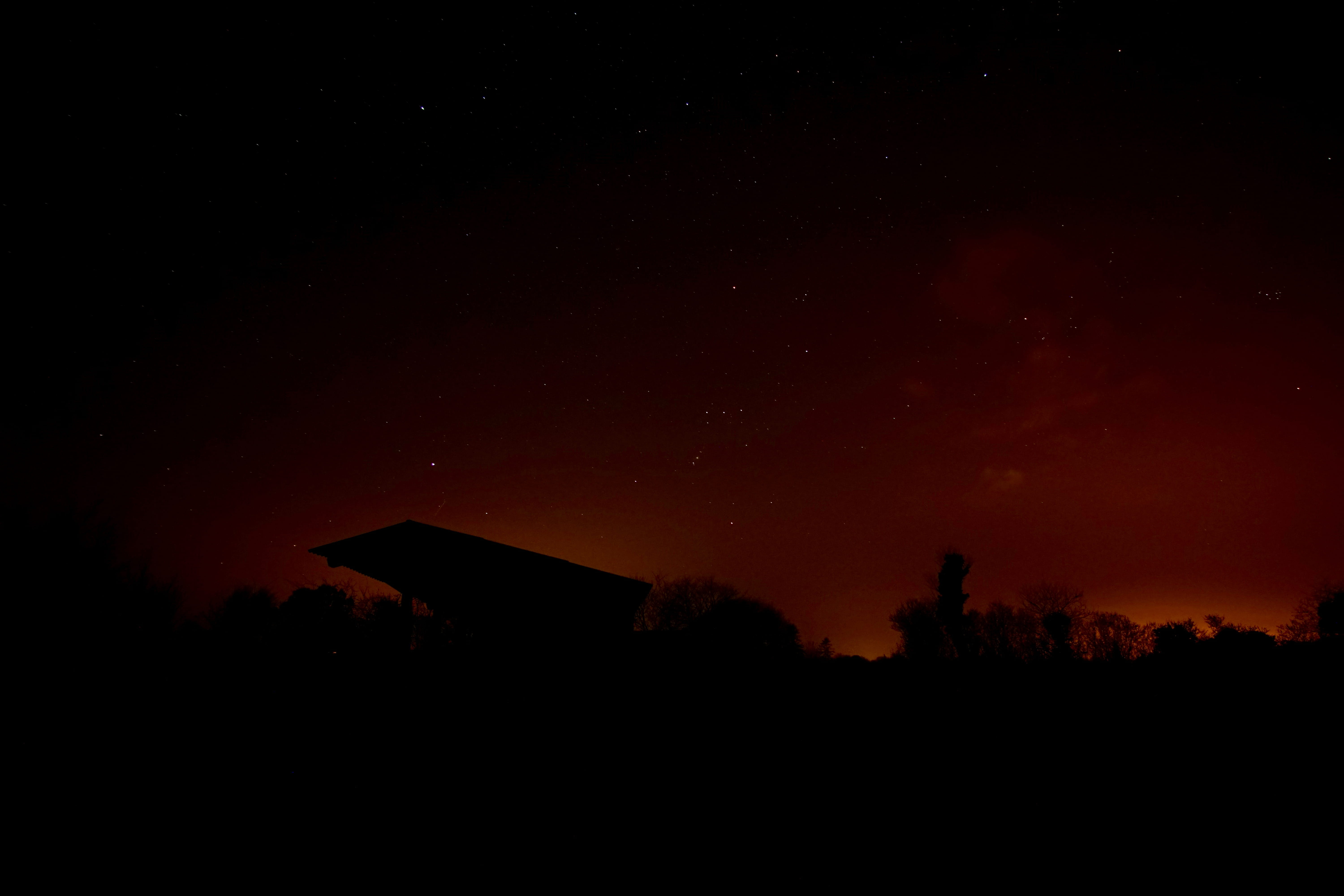 cloud - sky, outer space, space, beauty in nature, night, silhouette, sky, outdoors, silhoette, orion, fire, no people, building exterior, 5K, tranquility, HD Wallpaper