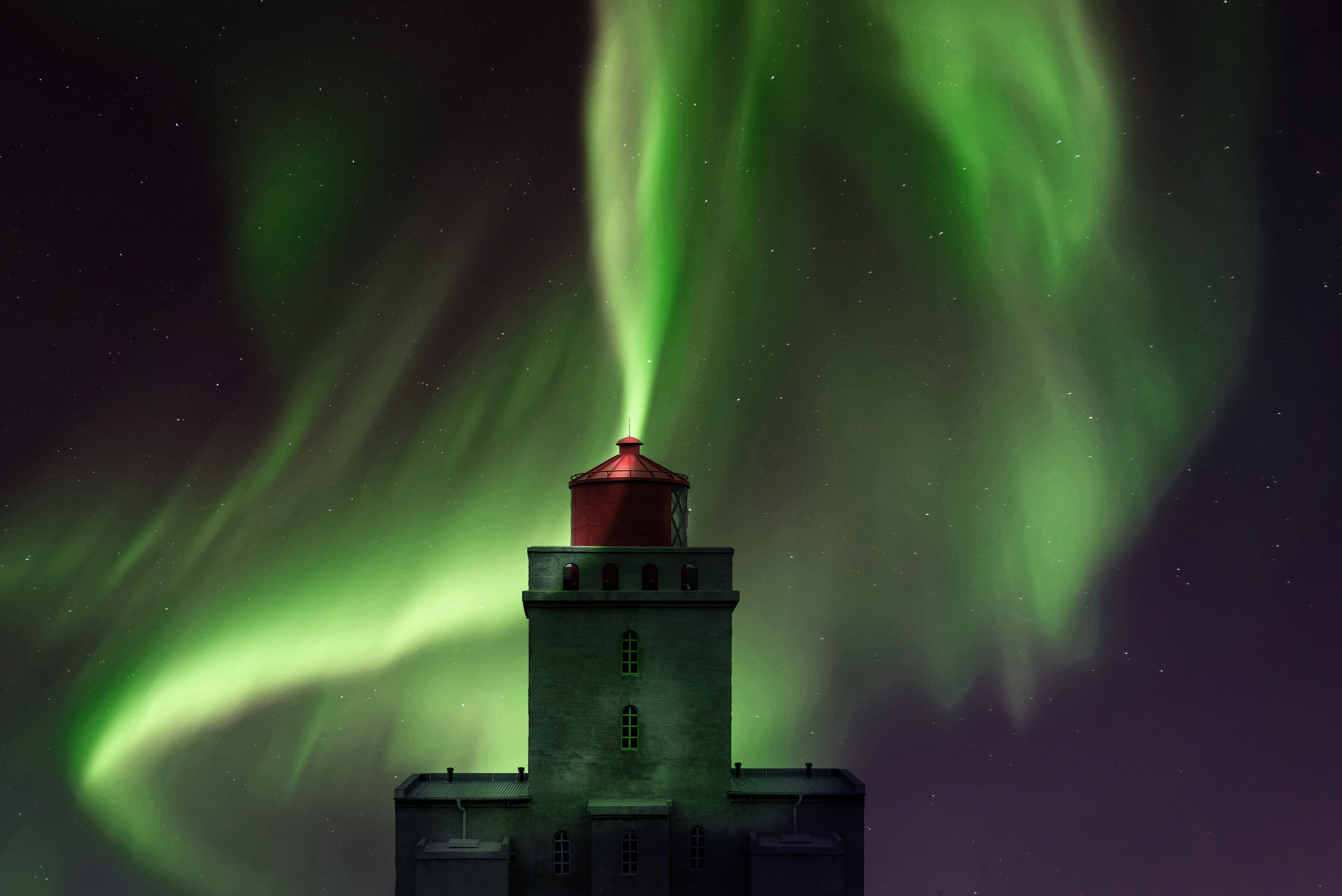 architecture, building, no people, building exterior, iceland, snow, polar lights, lighthouse, green color, night, power in nature, astronomy, space and astronomy, HD Wallpaper