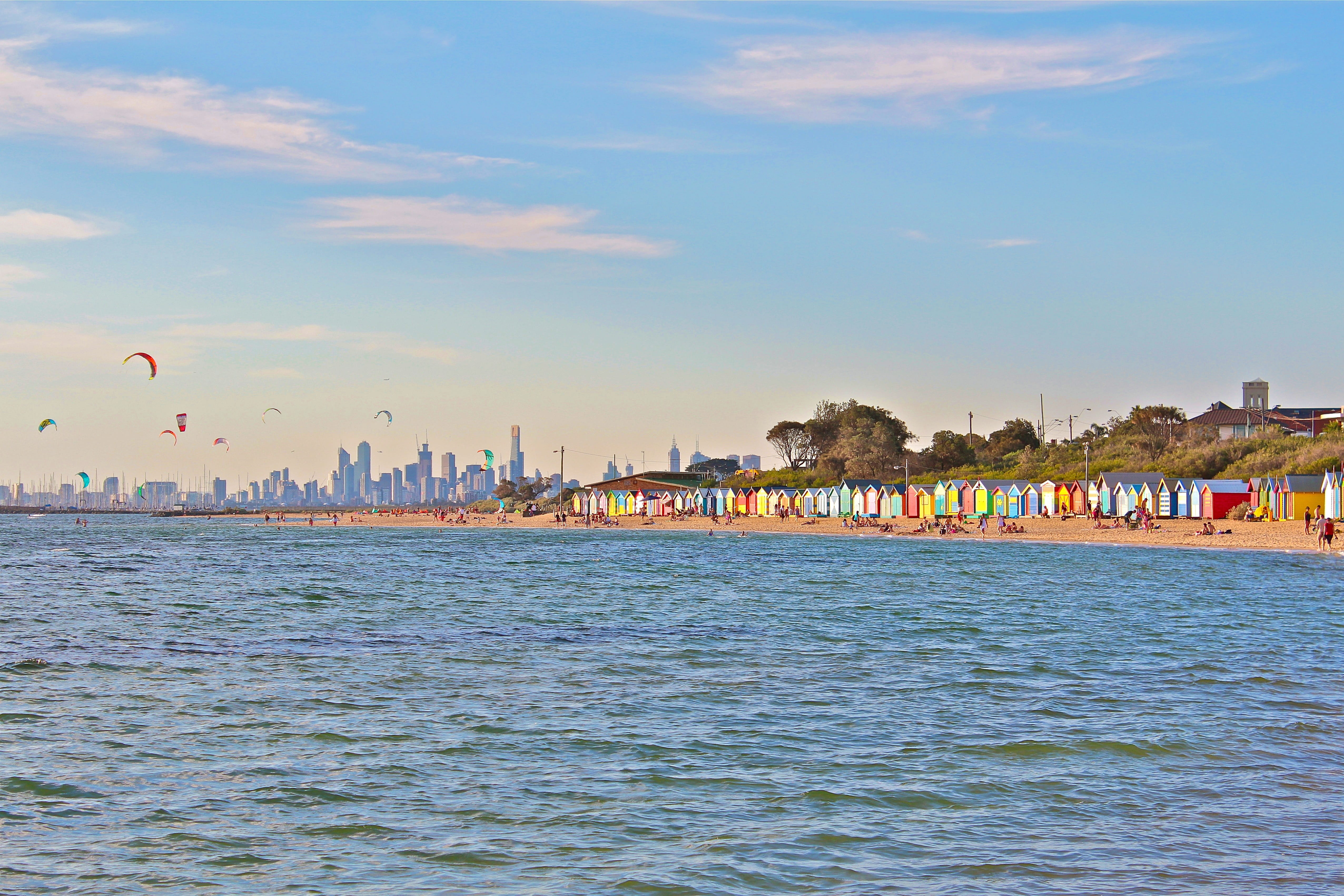 water, atmosphere, cloud - sky, building exterior, australia, architecture, sport, beach, building, horizon, scenic, melbourne, outdoors, panorama, sand, HD Wallpaper