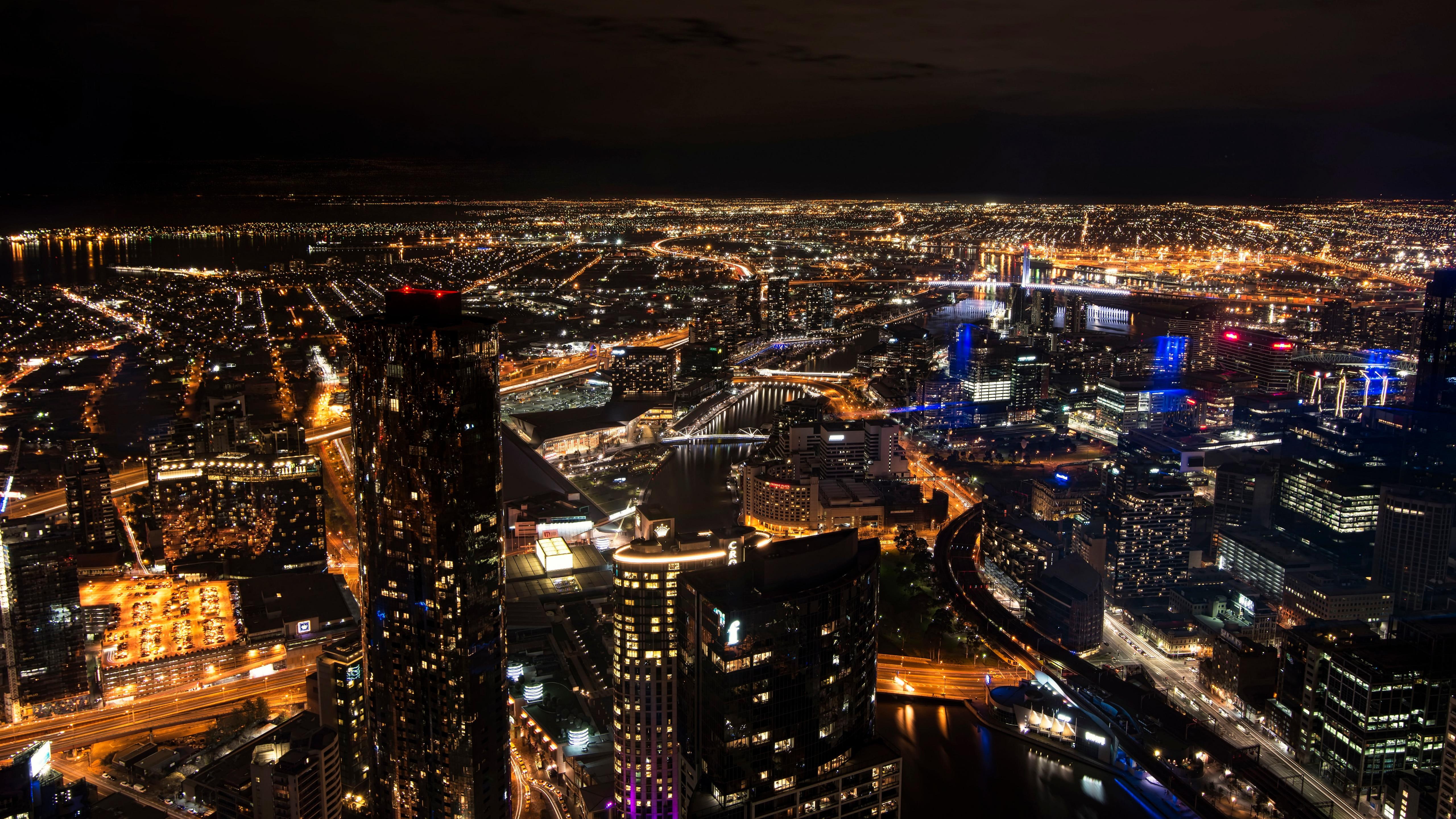 australia, victoria, cityscape, city lights, aerial photography, melbourne, night, 5K, HD Wallpaper