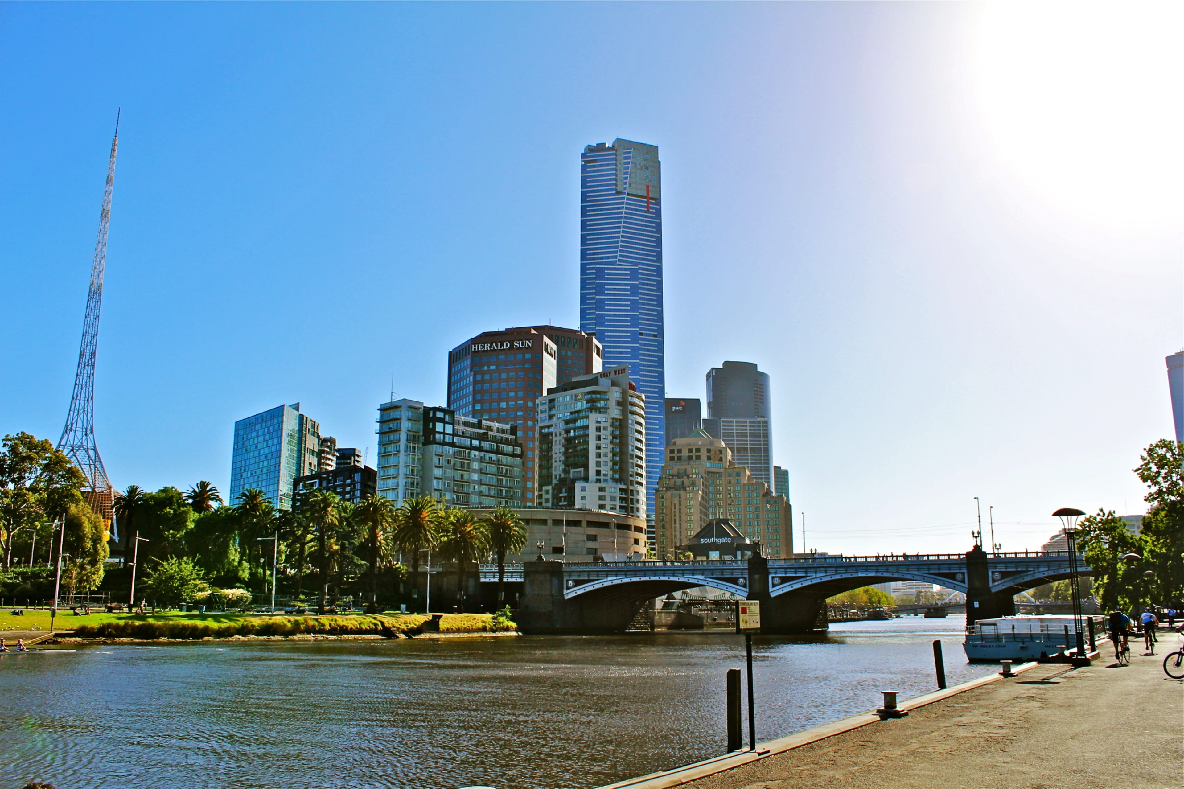 built structure, sunlight, river, bridge, office building exterior, sky, australia, outdoors, backlighting, day, melbourne-city, no people, tourism, nature, HD Wallpaper