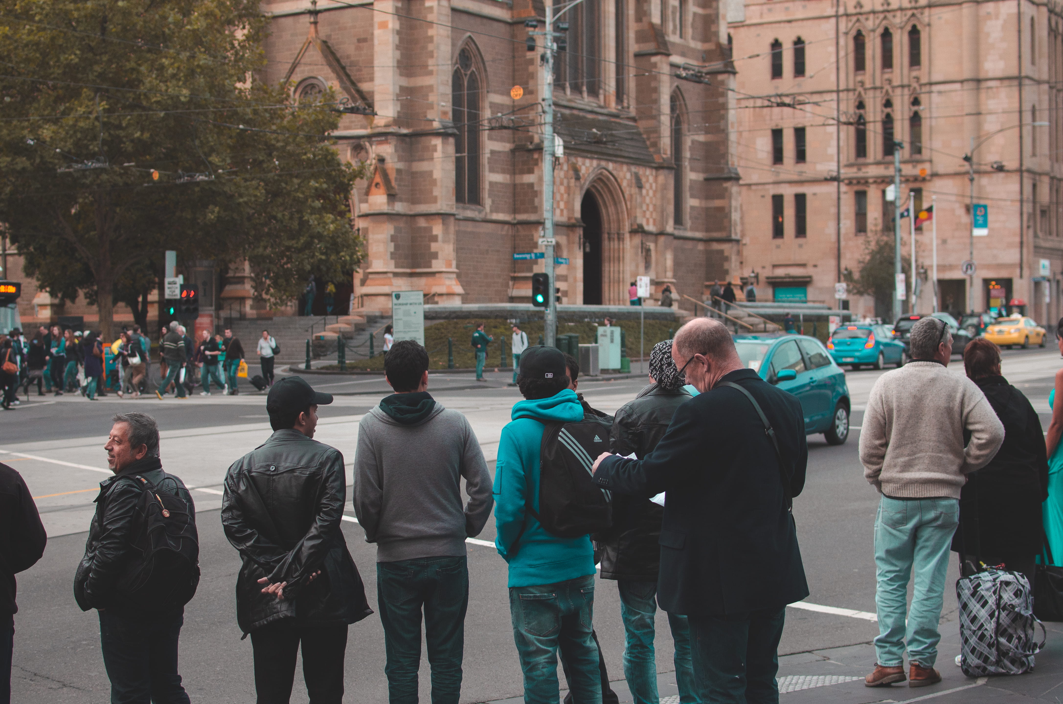 people, city, working, pedestrians, architecture, city street, built structure, rear view, day, walking, lifestyles, road, person, transportation, group of people, HD Wallpaper