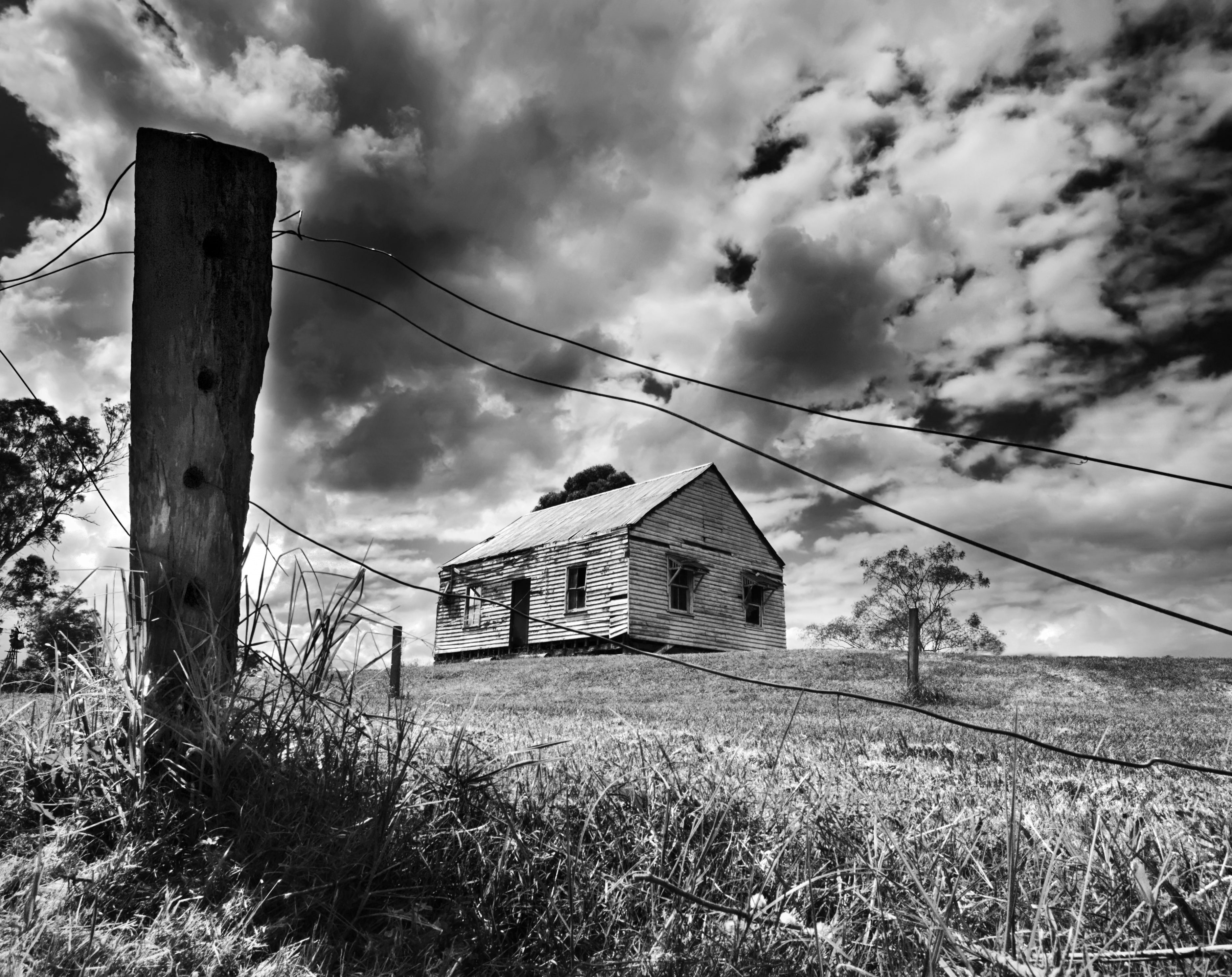 field, photo, growth, wooden post, cokinfilters, grass, South, cokin, wales, newsouthwales, Abandoned, grayscale, house, 1022mm, nature, sky, Clouds, outdoors, HD Wallpaper