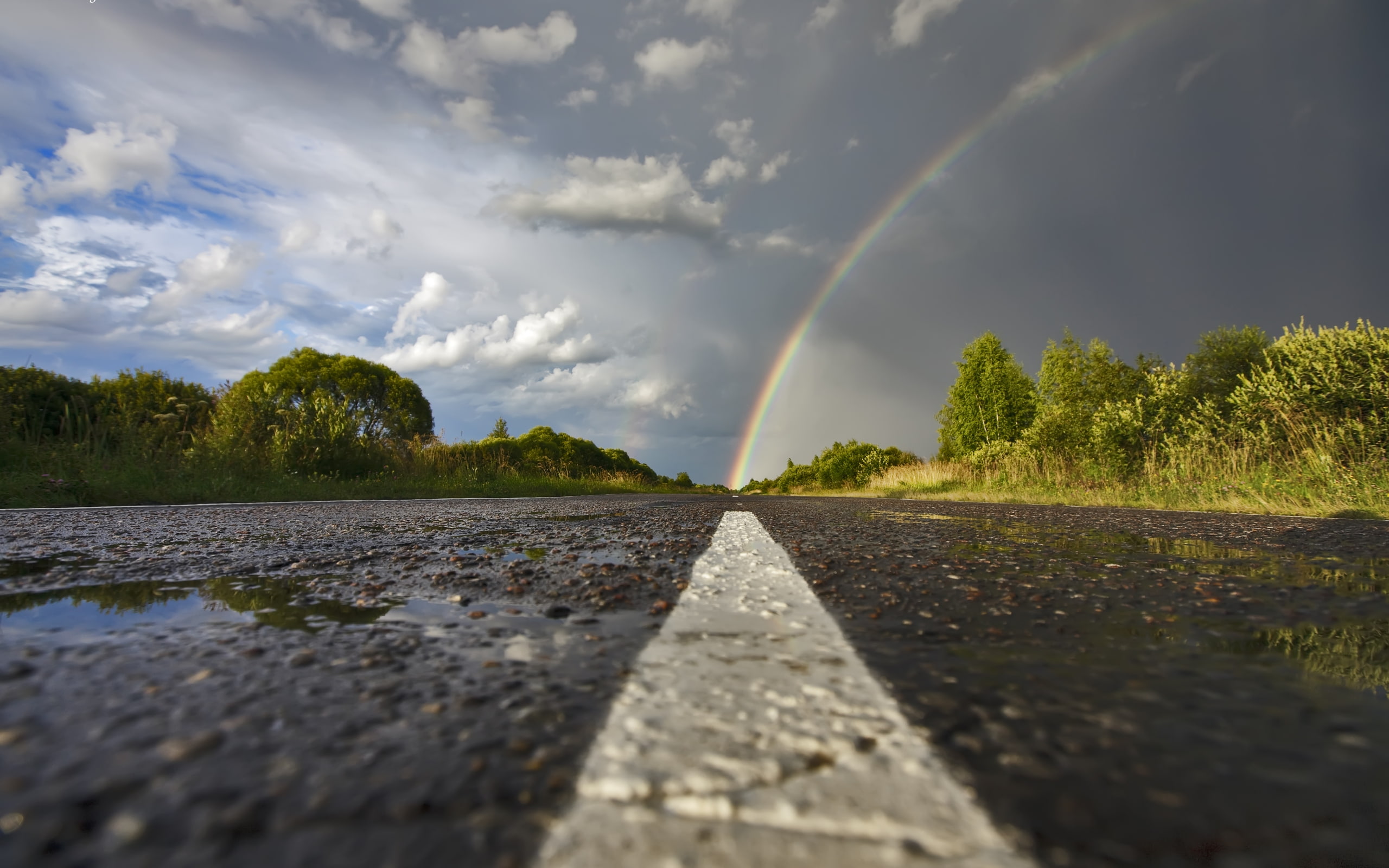 white, rain, road, line, sky, clouds, way, 2K, rainbow, summer, HD Wallpaper