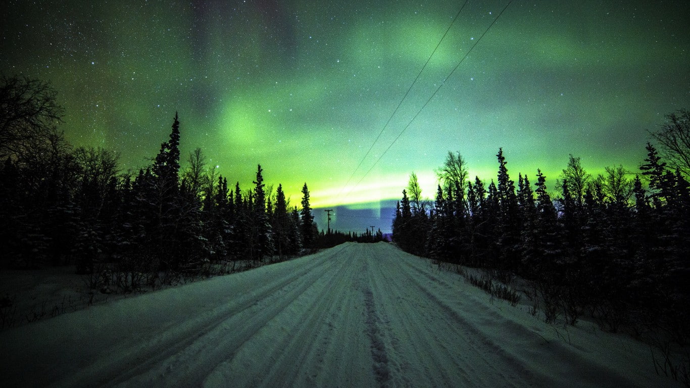 trees, northern, power lines, lights, Northern lights, road, pine trees, 720P, HD Wallpaper