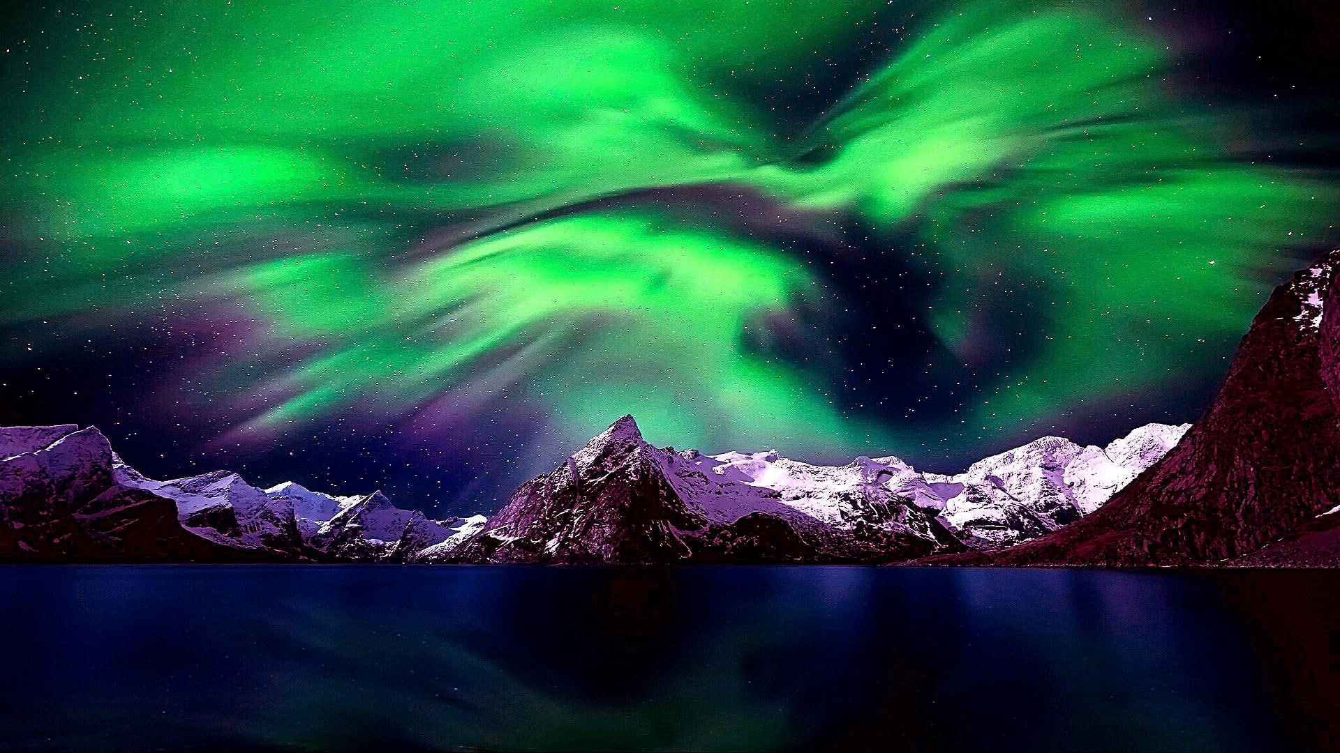 snow, northern lights, night, stars, 1080P, mountain, HD Wallpaper