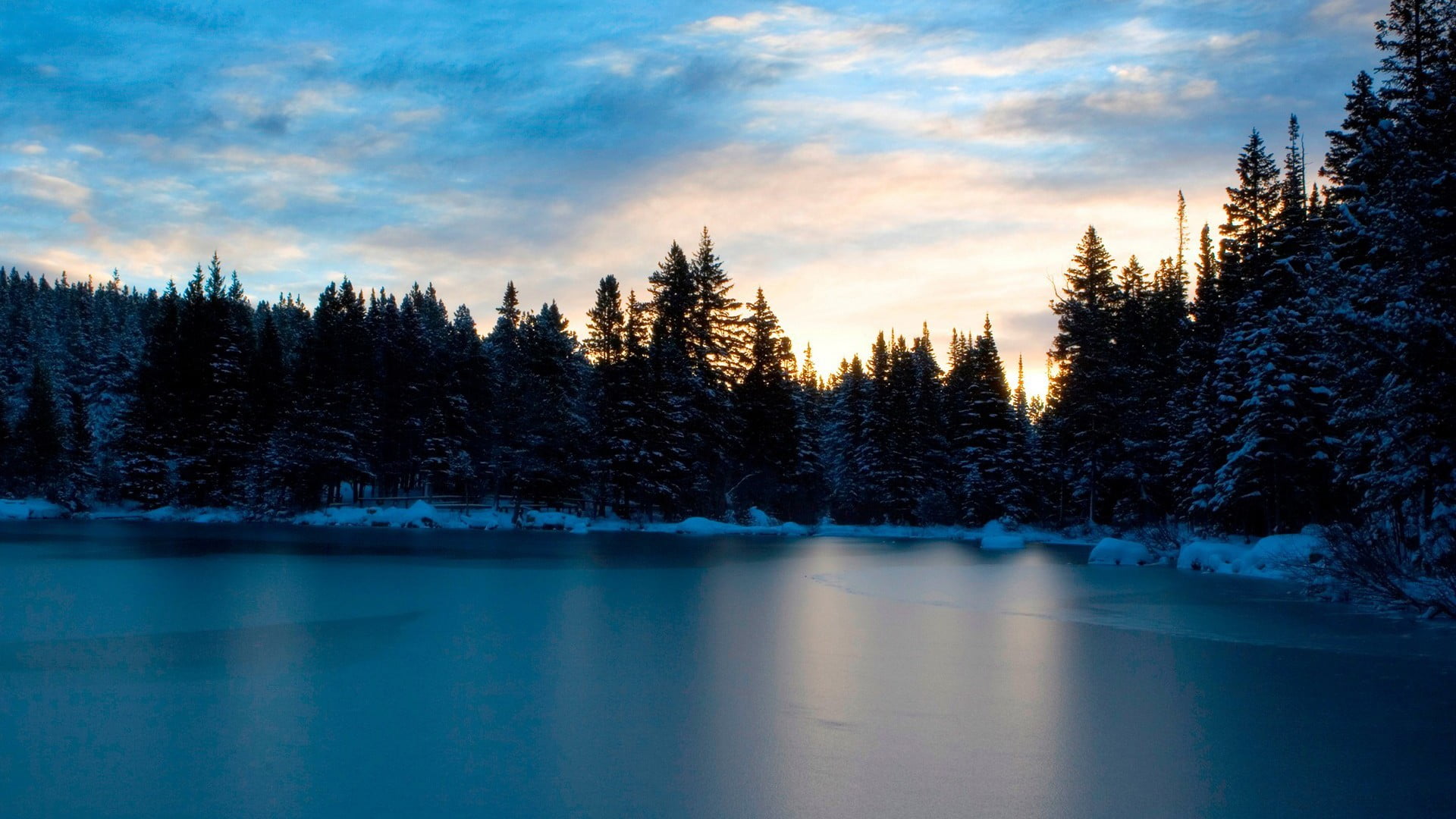 1080P, water, winter, cloud - sky, coniferous tree, sky, tranquility, beauty in nature, sunset, non-urban scene, photography, reflection, tree, plant, HD Wallpaper