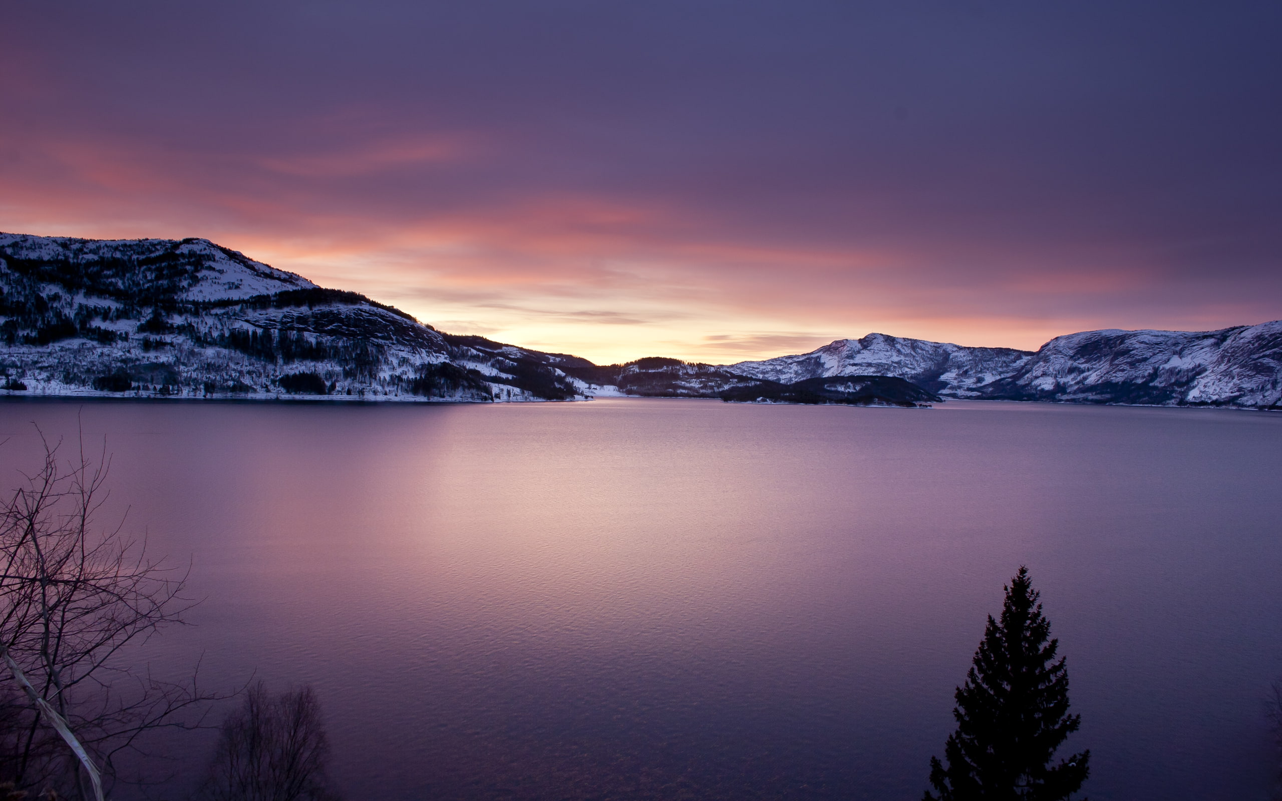 purple, norwegian, nature, water, seascape, sunrise, sunset, 2K, canoneos20d, norway, mountains, sky, photography, nissedalnorway, HD Wallpaper