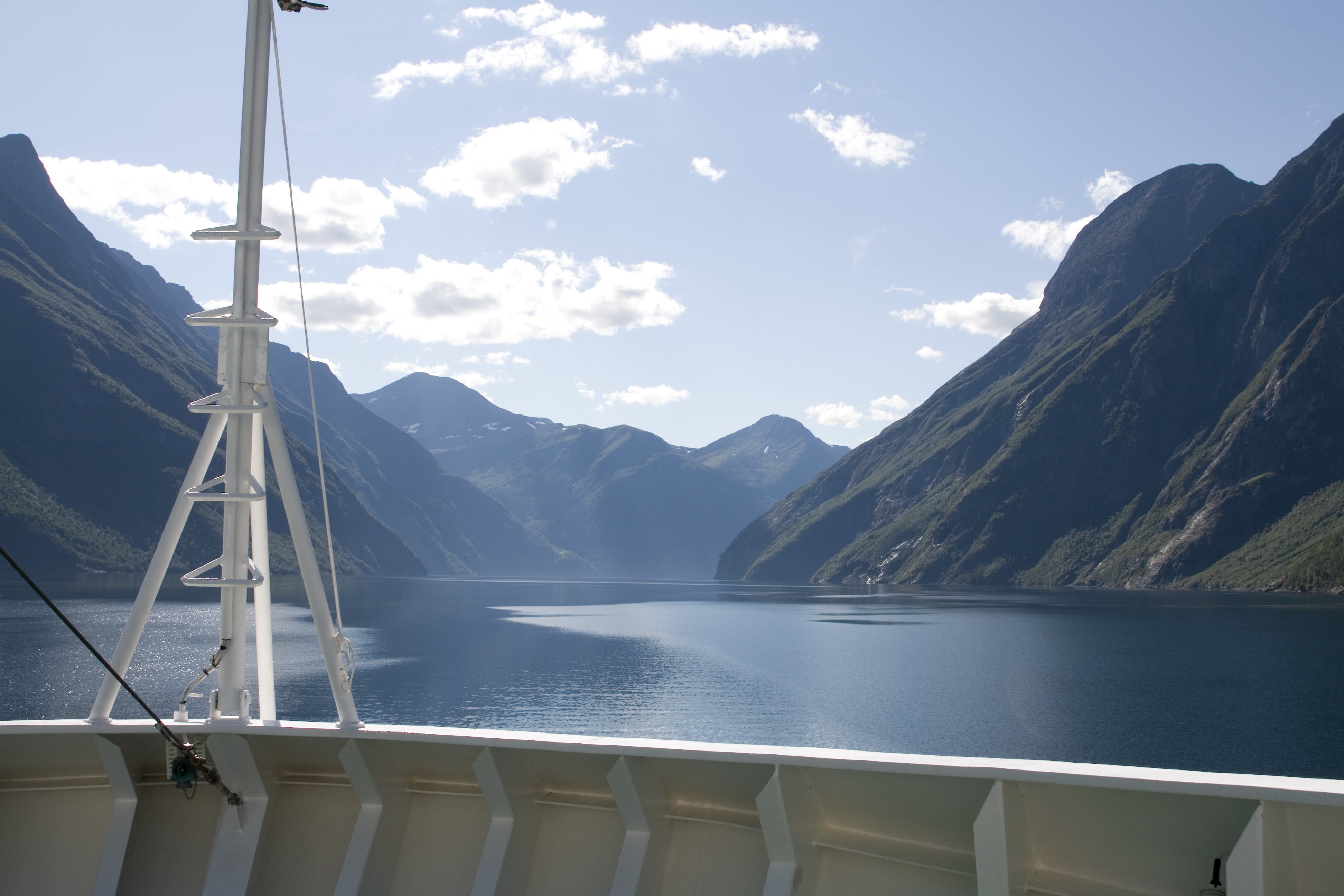 tranquility, sky, sailboat, sea, non-urban scene, water, cloud - sky, fjords, sunlight, day, mountain range, landscape, tranquil scene, no people, mountain, HD Wallpaper