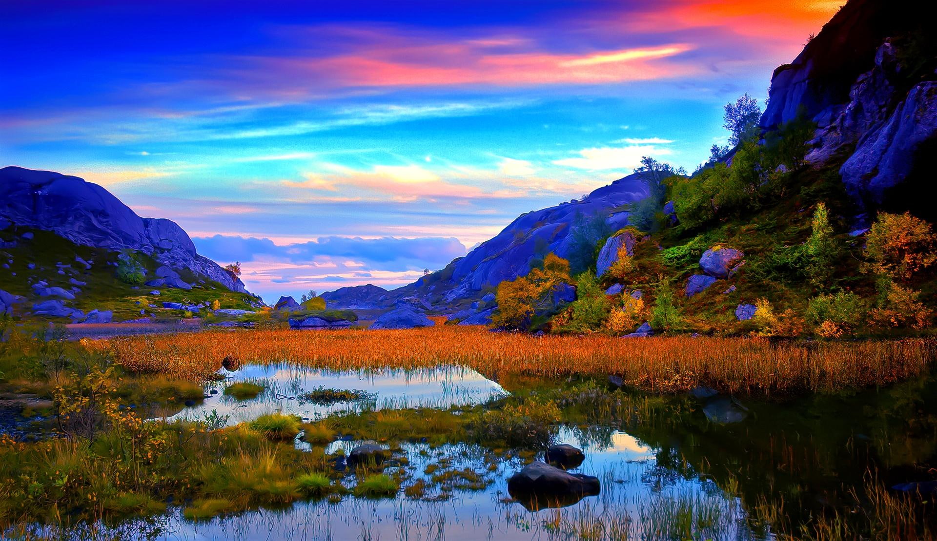 rain, mountain, rock, pond, evening, 3d and abstract, 1080P, valley, HD Wallpaper