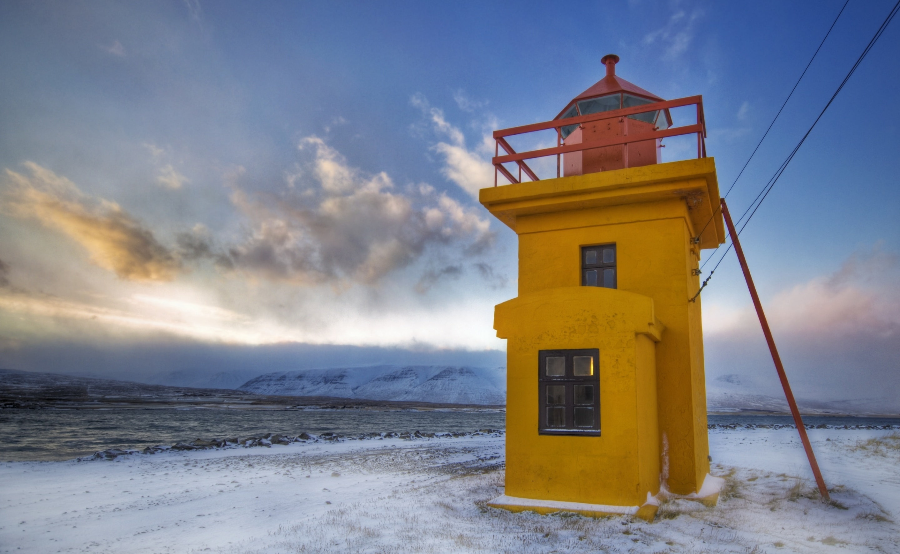 cloud - sky, scenics - nature, Evening, built structure, security, winter, safety, building, land, no people, Iceland, Lighthouse, cold temperature, architecture, HD Wallpaper