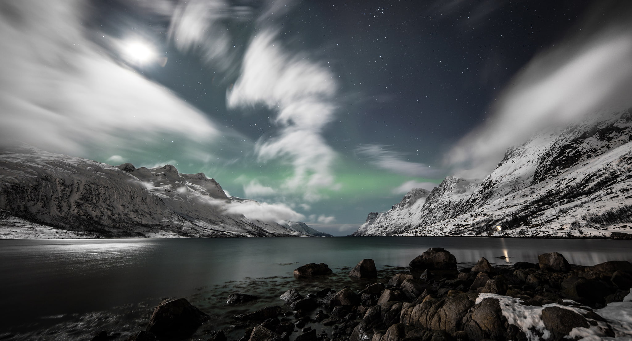 1080P, the fjord, Northern lights, Ersfjorden, Ersfjordbotn, mountains, Norway, HD Wallpaper