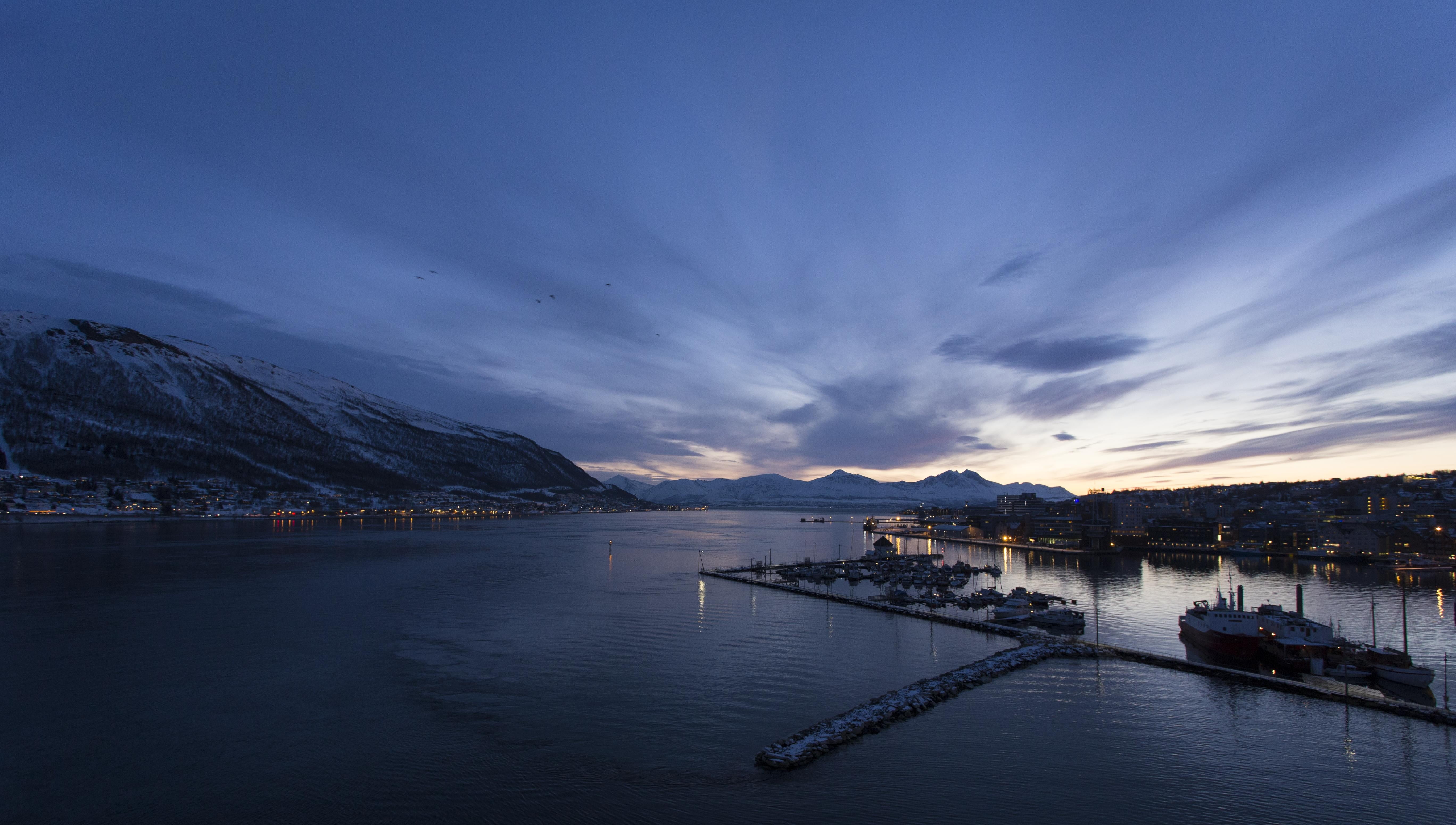 nature, cities, water, landscape, mountain, bridge, sky, mountain range, Tromsø, body, connection, bridge - man made structure, Norway, scenics - nature, HD Wallpaper
