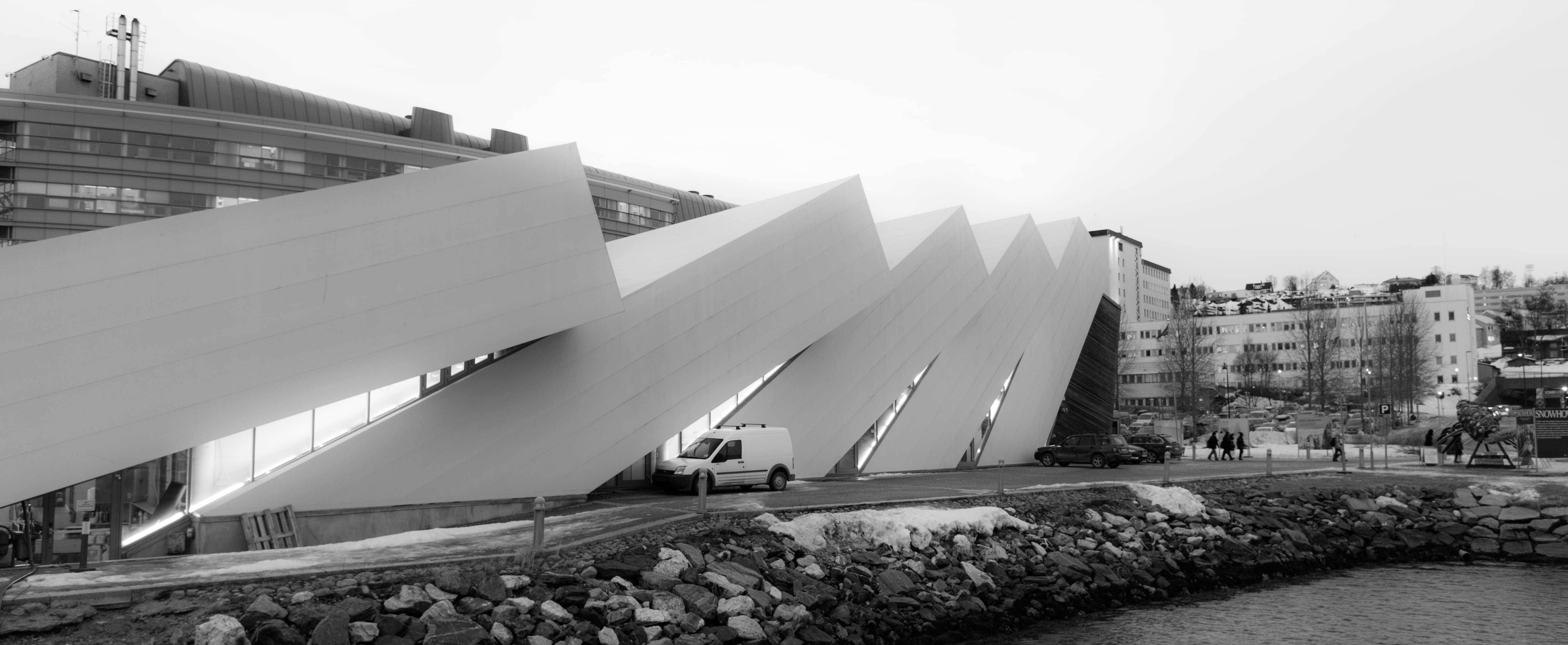 black and white, transportation, ice block, sunlight, sunny, clear sky, no people, day, travel, building exterior, tromso, discovery center, building, travel destinations, HD Wallpaper