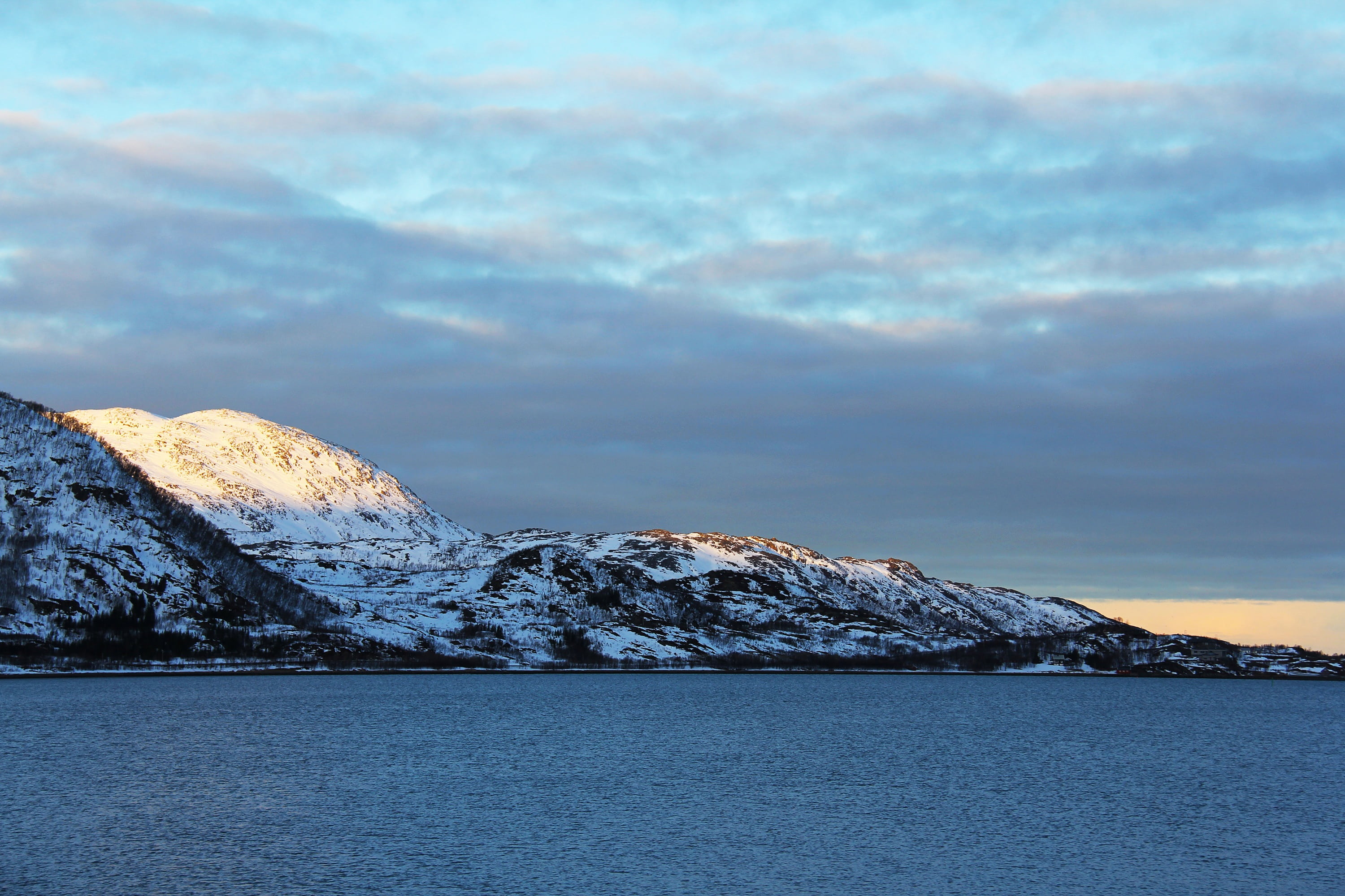 outdoors, environment, fjord, landscape, travel, tranquility, scandinavia, cloudy, scenics - nature, sea, nature, kvaløysletta, winter, tromso, snow, beauty in nature, HD Wallpaper