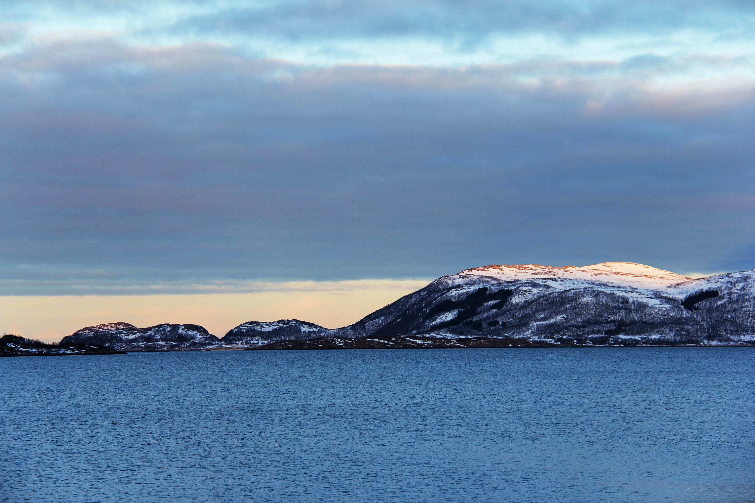 snowcapped mountain, amazing, ice, scenics - nature, coastline, scenics, sunset, winter, landscape, snow, blue, cloud, water, sky, ocean, tromso, mountain, HD Wallpaper