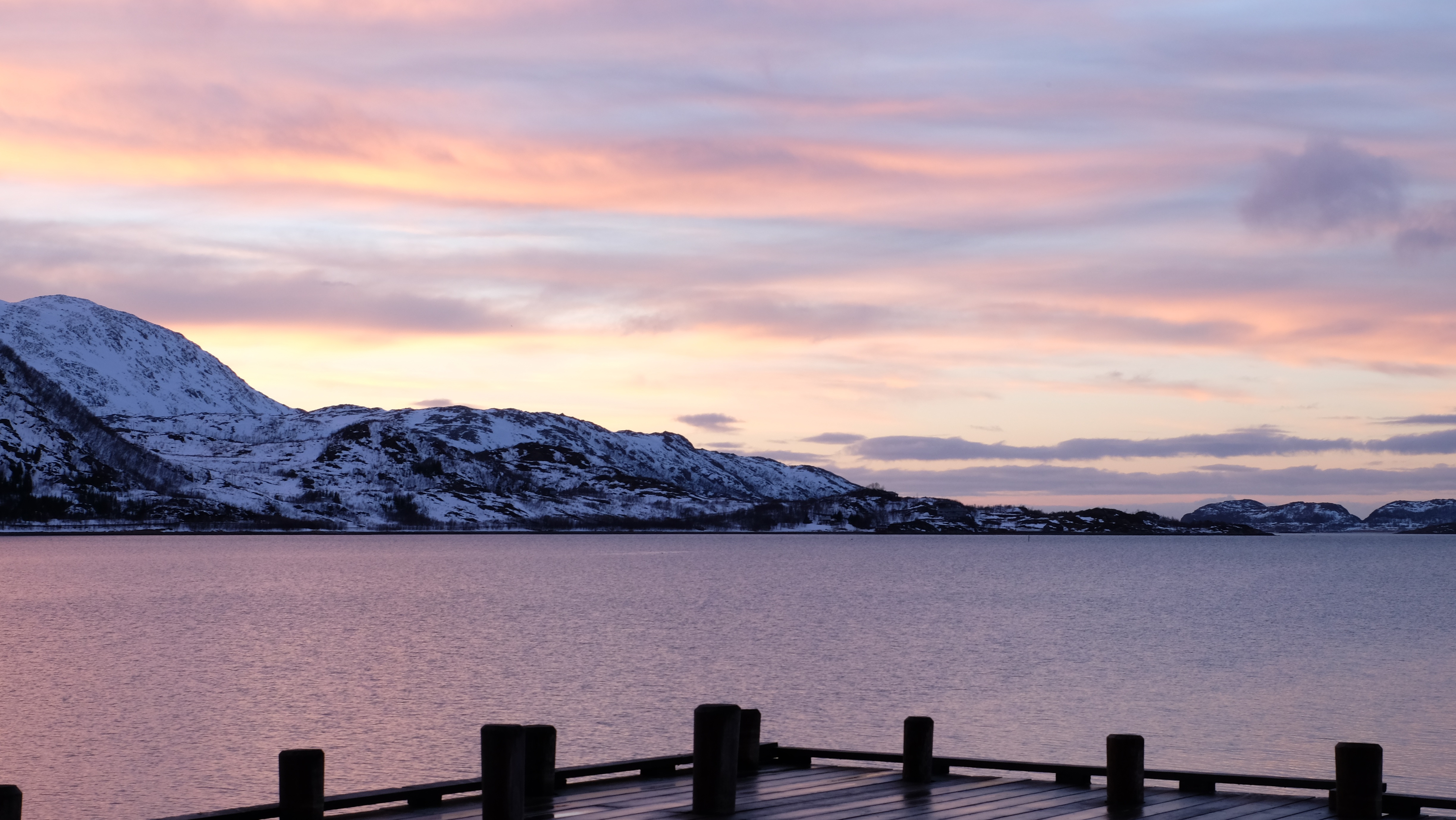 landscape, scenics - nature, 4K, nature, water, sunset, mountain, winter, view, railing, tromso, sky, lake, tranquil scene, cloud - sky, outdoors, cold temperature, HD Wallpaper
