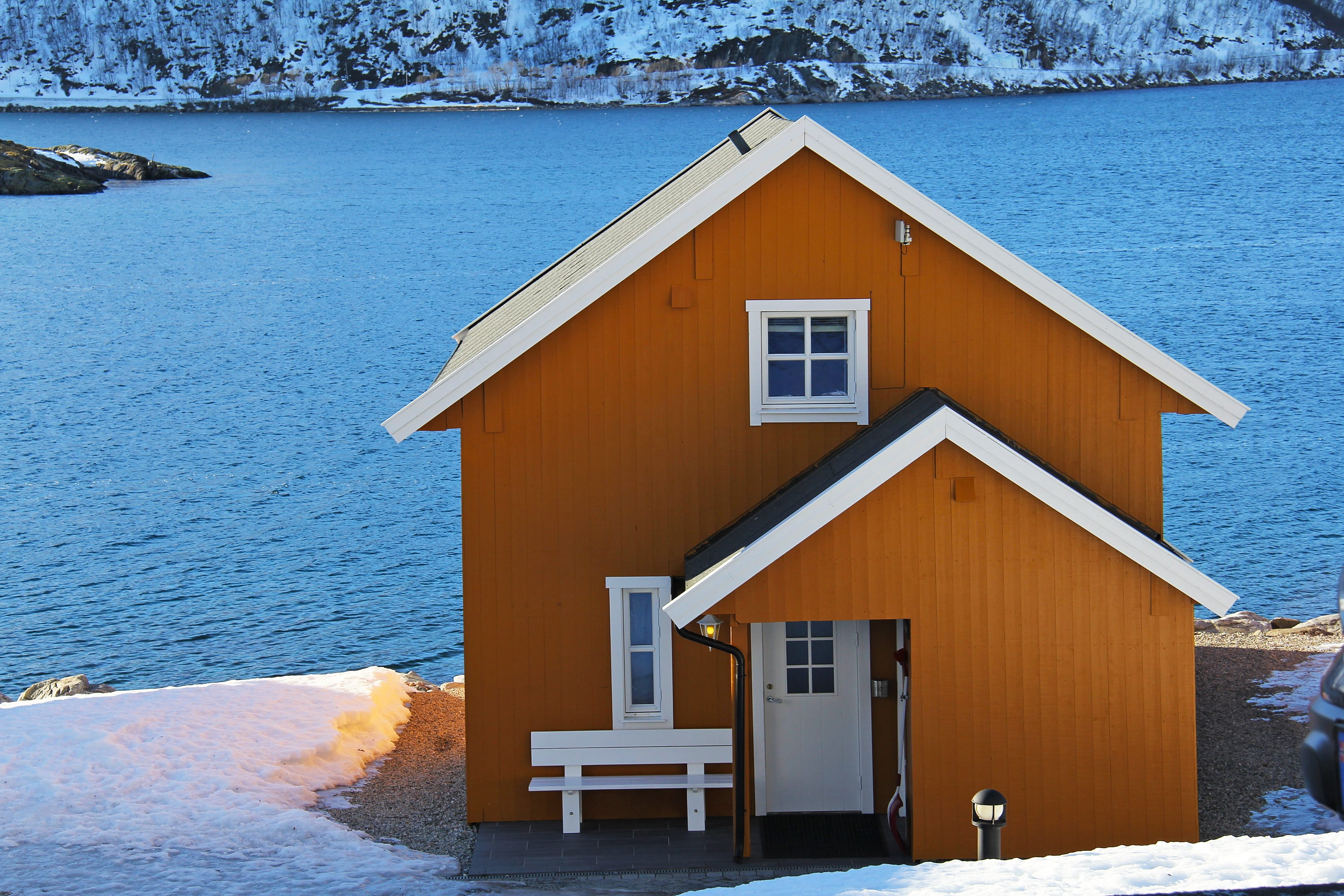 house, travel, snow, tromso, white, building exterior, water, fishermen cabin, beach, no people, cold temperature, fjord, wooden, building, sky, mountain, HD Wallpaper