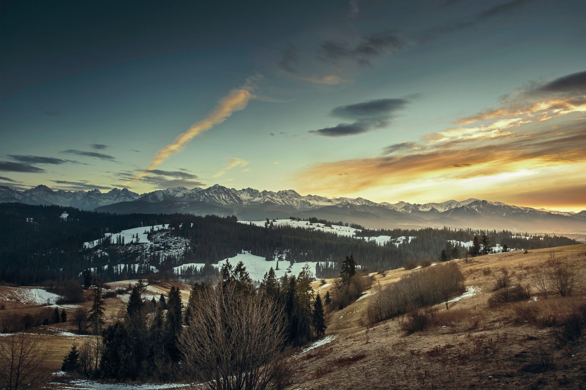 sunset, outdoors, idyllic, mountain range, environment, beauty in nature, mountian, tranquil scene, forest, no people, nature, snowcapped mountain, landscape, HD Wallpaper