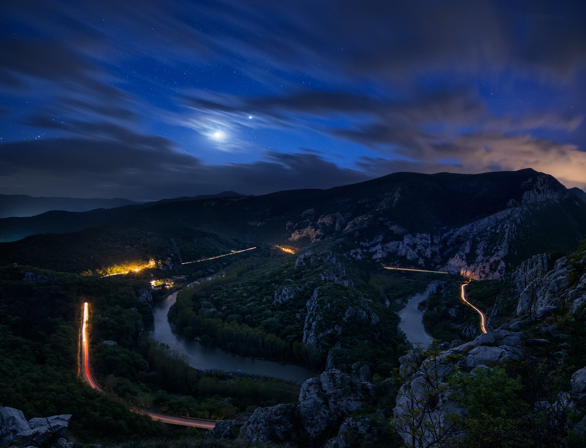 mountian, environment, high angle view, forest, travel, europe, scenics, tranquil scene, blue, tranquility, street, night, outdoors, illuminated, beauty in nature, HD Wallpaper