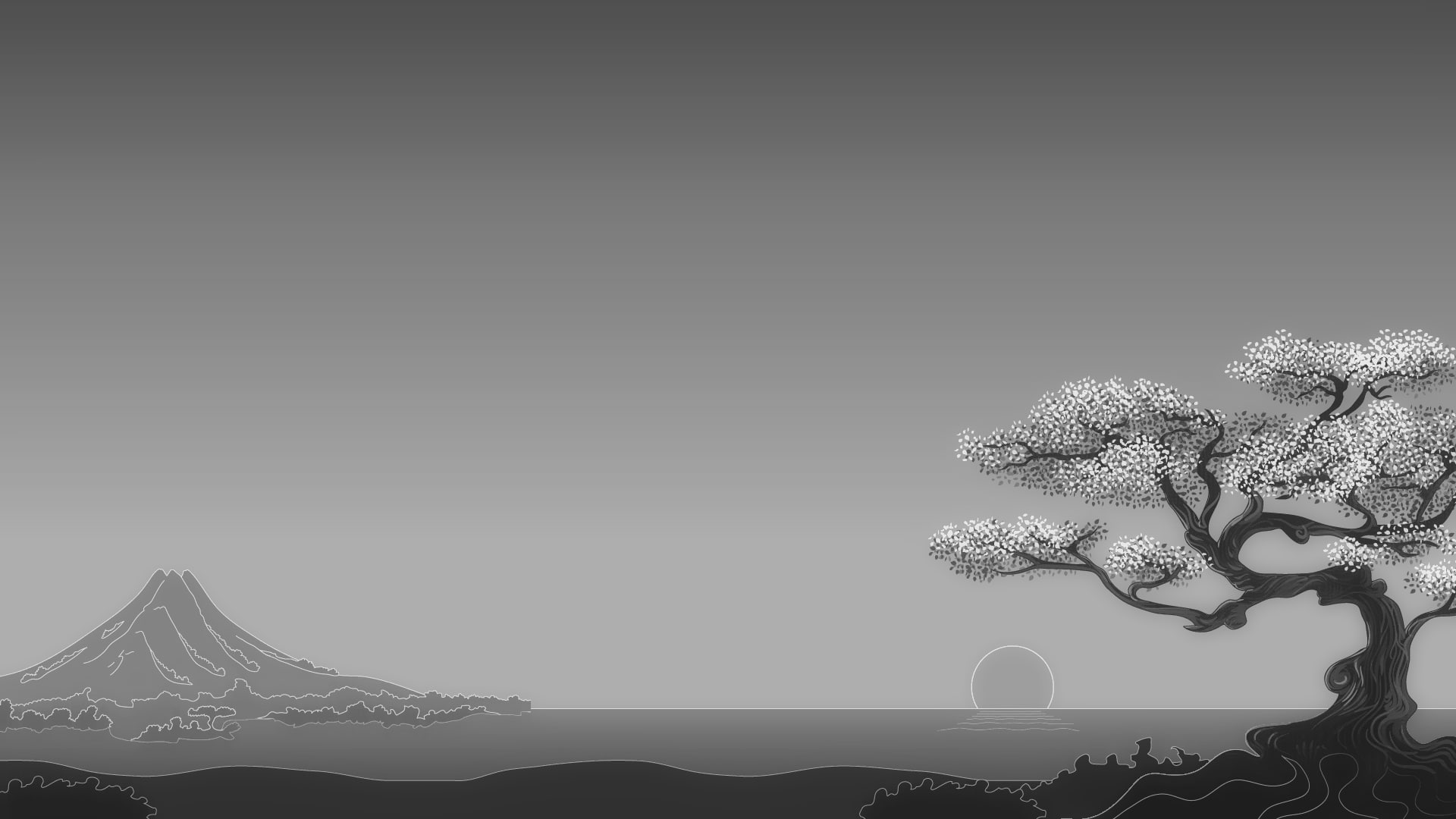 Japanese, sun, Horizon, 1080P, Trees, mountians, digital art, minimalism, nature, Simple Background, monochrome, Mount Fuji, landscape, HD Wallpaper