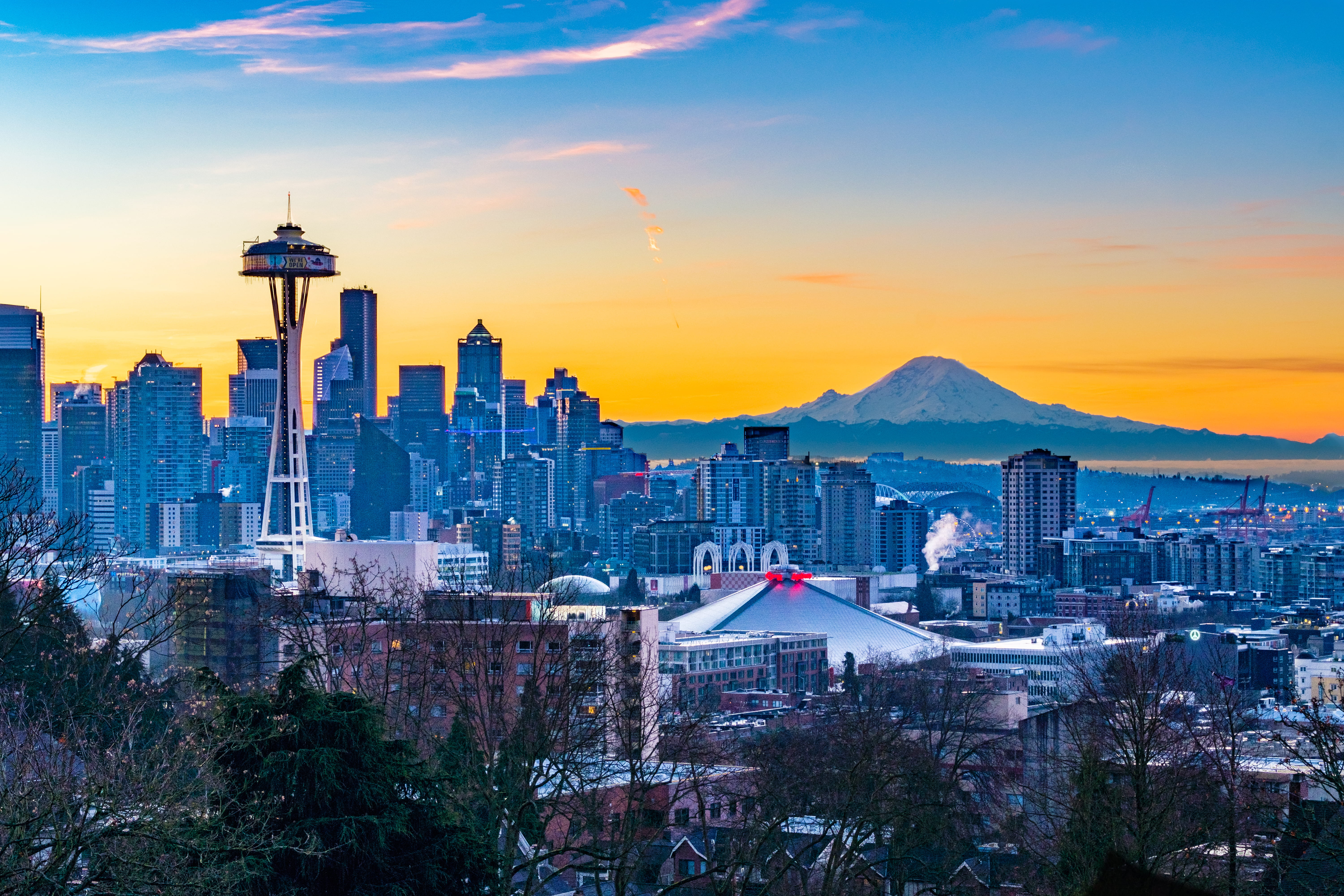 emerald city, high angle view, queen anne hill, buildings, urban skyline, puget sound, skyscraper, city, gold, travel destinations, residential district, HD Wallpaper